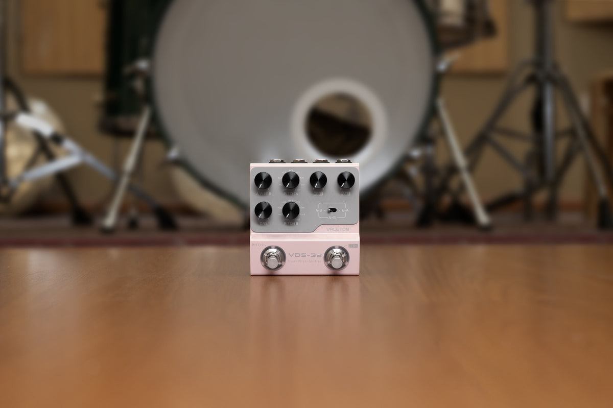 Valeton VDS-3D Digital Dual Pitch-Shifter Pedal — pedal on a studio floor in front of a drum kit