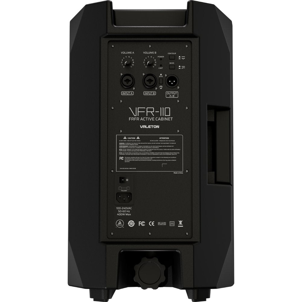 Rear panel of Valeton VFR-110 showing volume controls, inputs, output and power specifications