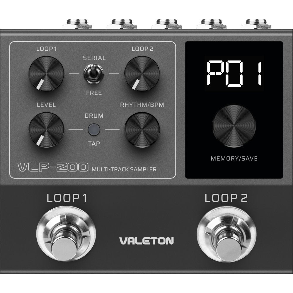 Valeton VLP-200 multi-track sampler, top view with LOOP1/LOOP2 controls and display