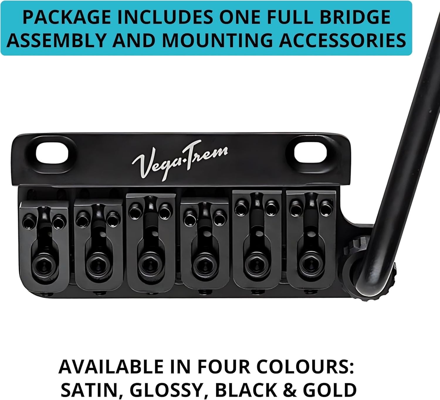 Vega-Trem VT1 Special 2-Point bridge assembly with tremolo arm in black finish, package contents graphic listing four available colors