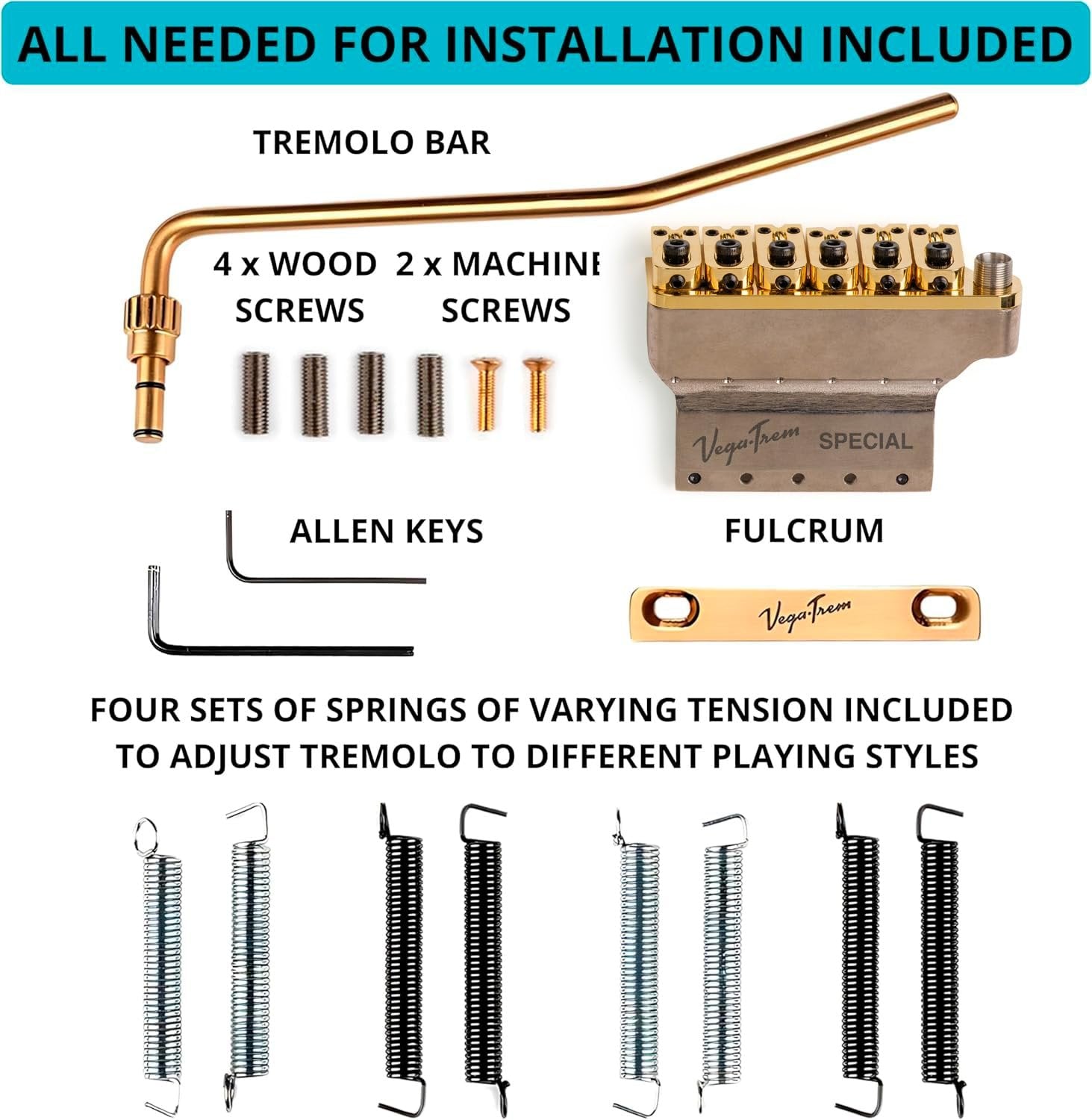Vega-Trem VT1 Special installation hardware kit in gold finish: tremolo bar, screws, allen keys, fulcrum plate, and tension springs