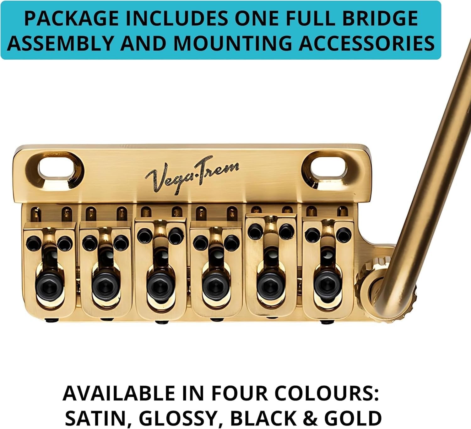 Vega-Trem VT1 Special 2-Point bridge assembly with tremolo arm in gold finish, package contents graphic listing four available colors