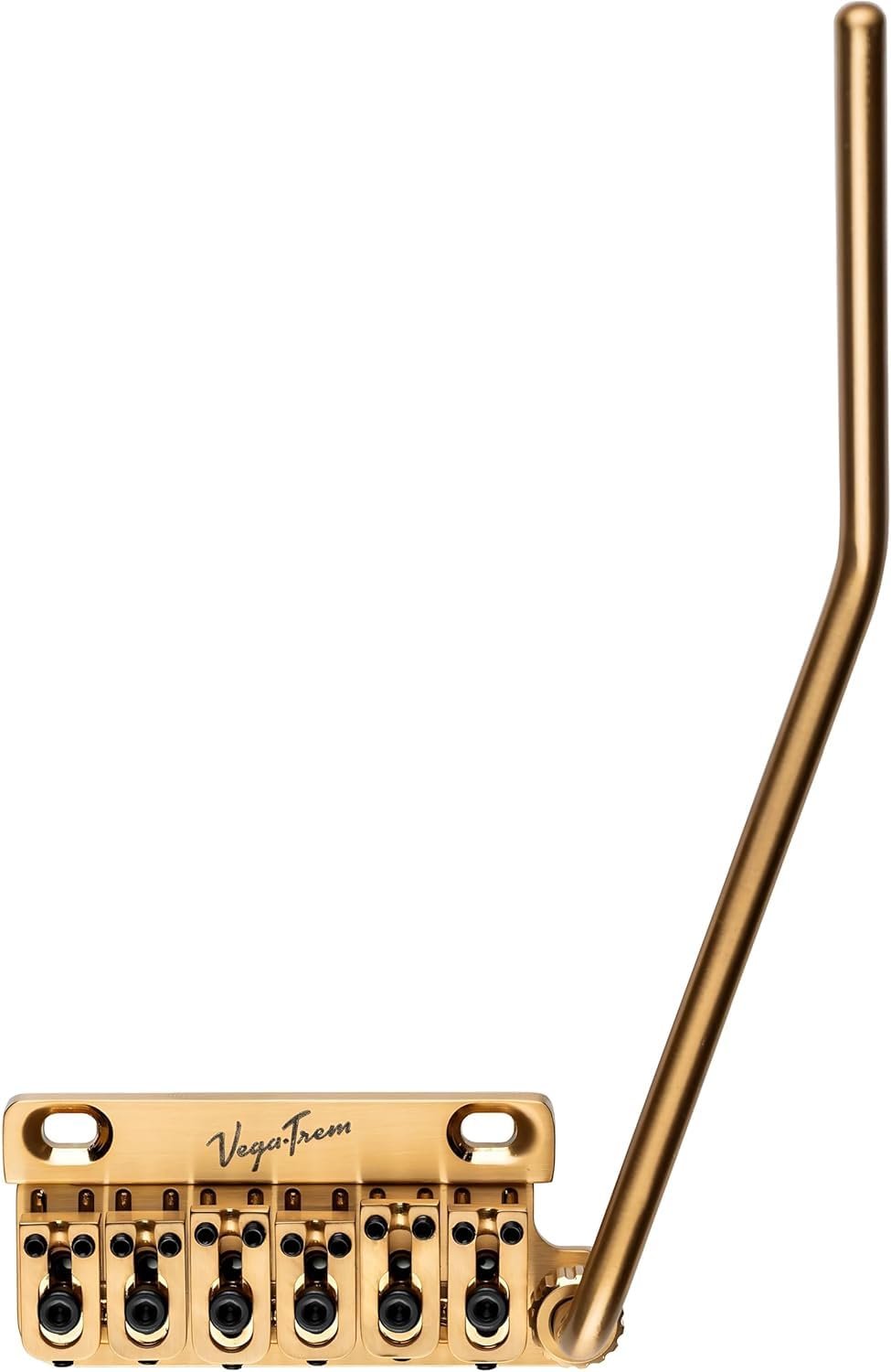 Vega-Trem VT1 Special 2-Point right-handed tremolo bridge in gold finish, side profile with tremolo arm