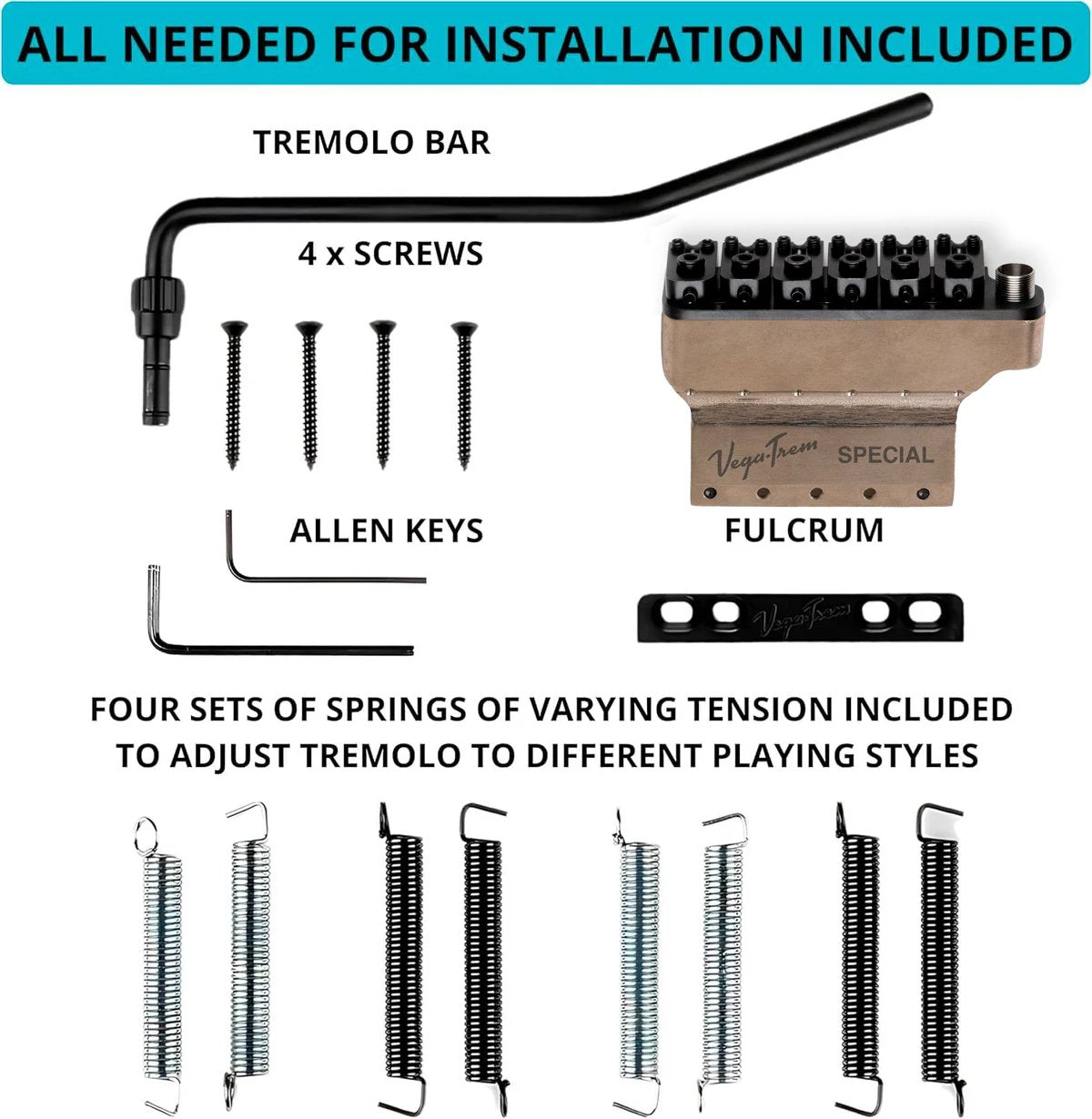 Vega-Trem VT1 Special installation hardware kit in black finish: tremolo bar, screws, allen keys, fulcrum plate, and tension springs