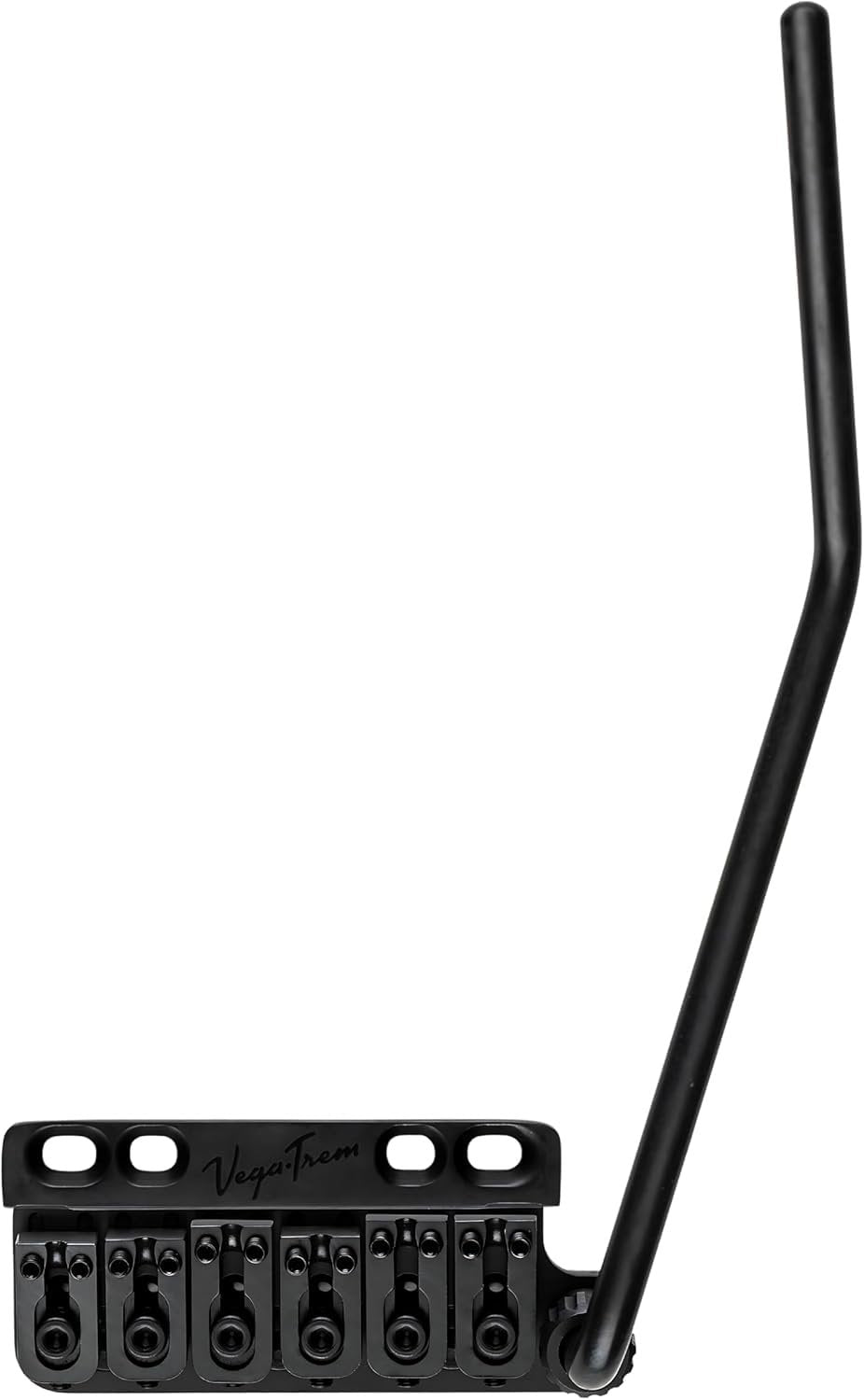 Vega-Trem VT1 Special 6-Screw right-handed tremolo bridge in black finish, side profile with tremolo arm