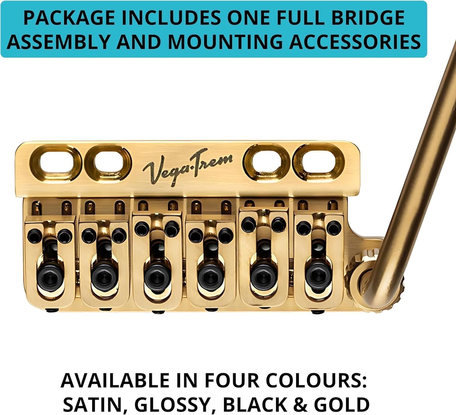 Vega-Trem VT1 Special 6-Screw bridge assembly with tremolo arm in gold finish, package contents graphic listing four available colors