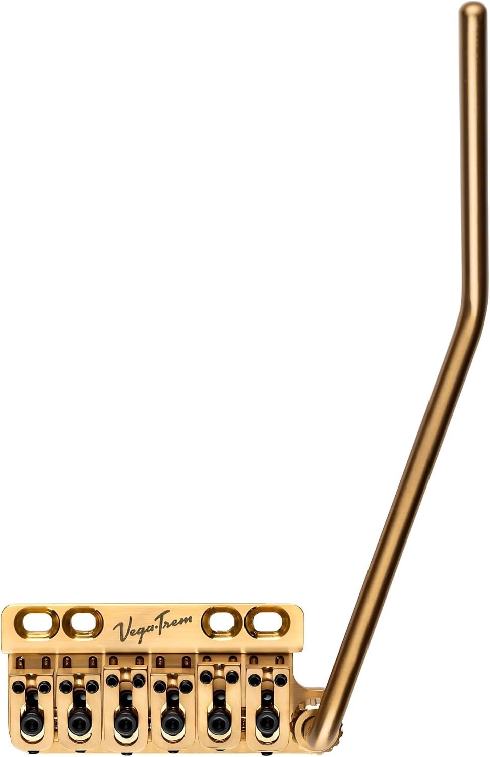 Vega-Trem VT1 Special 6-Screw right-handed tremolo bridge in gold finish, side profile with tremolo arm