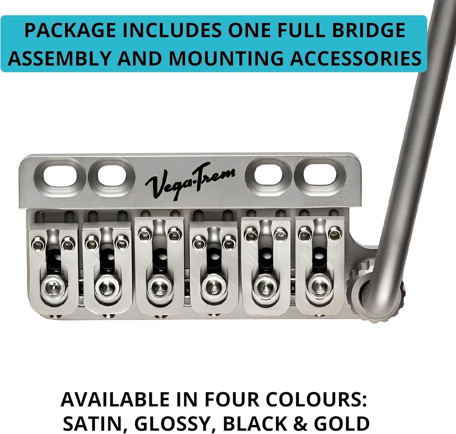 Vega-Trem VT1 Special 6-Screw bridge assembly with tremolo arm in satin finish, package contents graphic listing four available colors