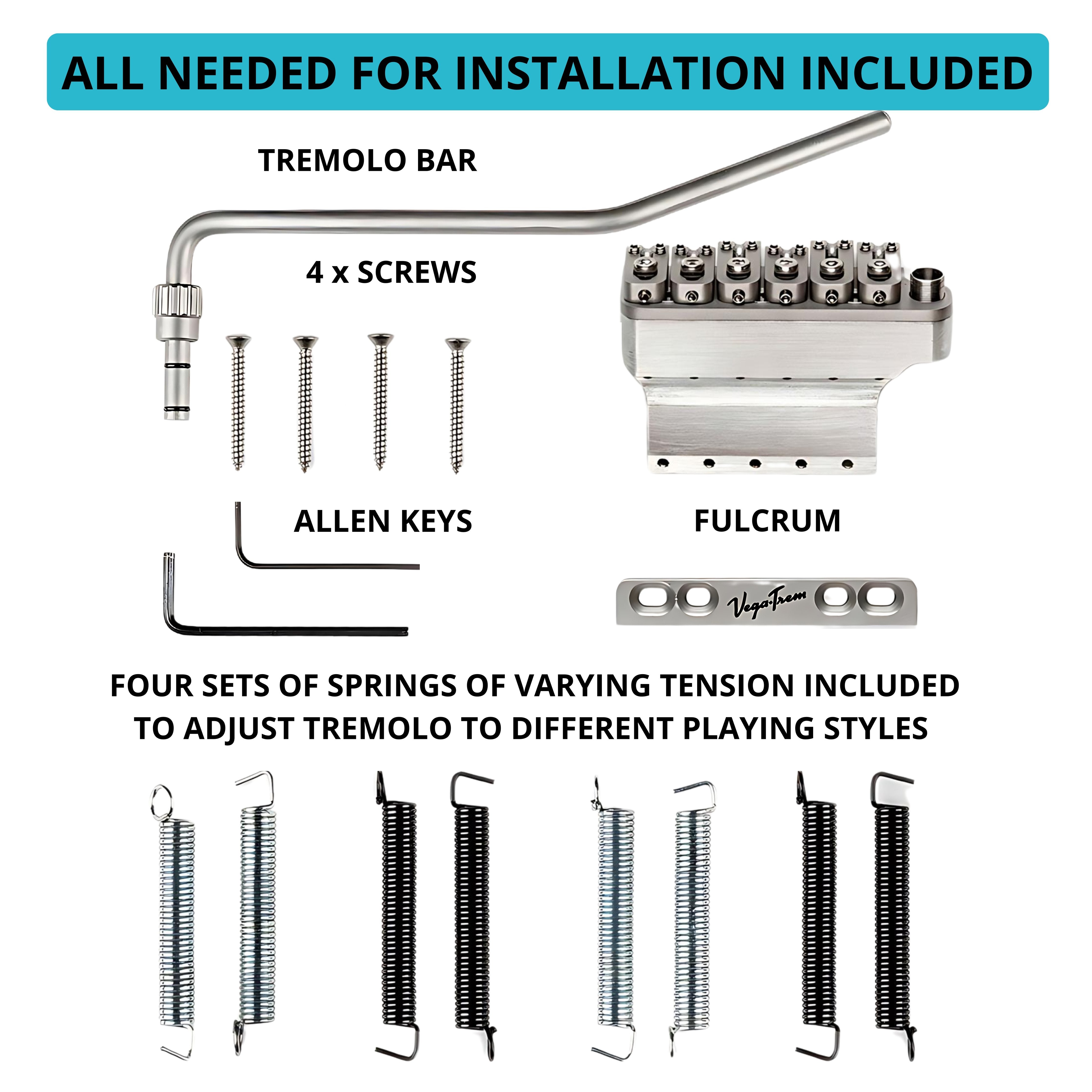 VT1 Ultra Trem 6-Screw installation kit with arm, four screws, fulcrum, Allen keys and four spring sets