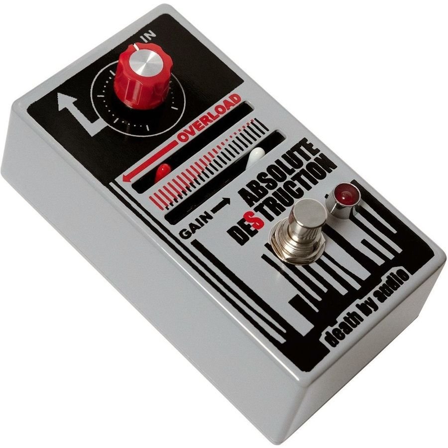 Death by Audio Absolute Destruction pedal seen from the front right, showing enclosure depth, red top knob and silver footswitch