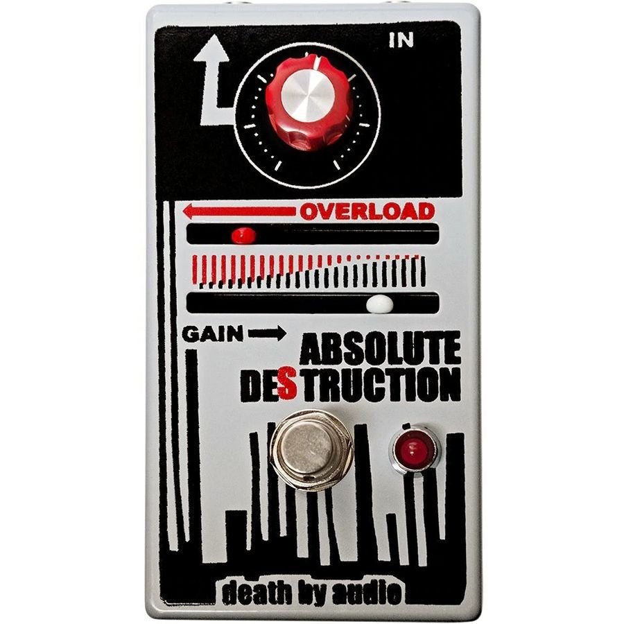 Death by Audio Absolute Destruction fuzz distortion pedal, top view of the silver enclosure with red knob, OVERLOAD and GAIN sliders and skyline artwork