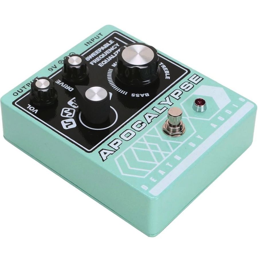 Death by Audio Apocalypse fuzz pedal from the front left with VOL, DRIVE and the rotary fuzz voice selector in view