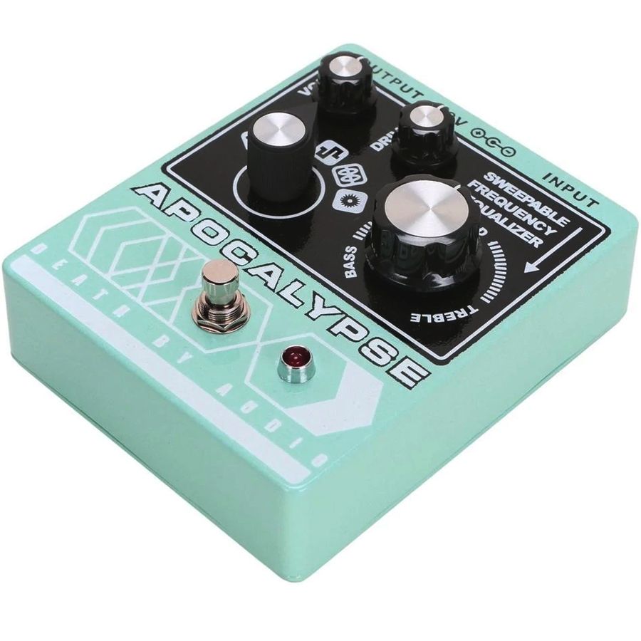 Death by Audio Apocalypse fuzz pedal from the front right, showing the green enclosure sides and the large equalizer knob