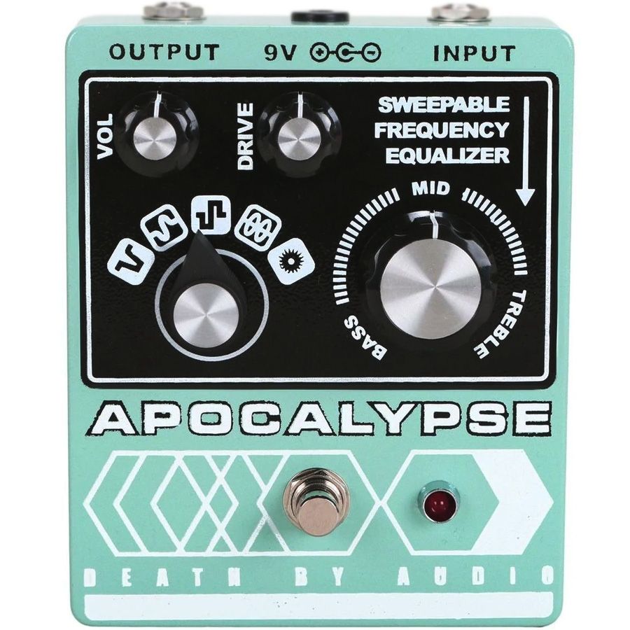 Death by Audio Apocalypse fuzz pedal, top view of the seafoam green enclosure with VOL and DRIVE knobs, five-position selector and sweepable frequency equalizer