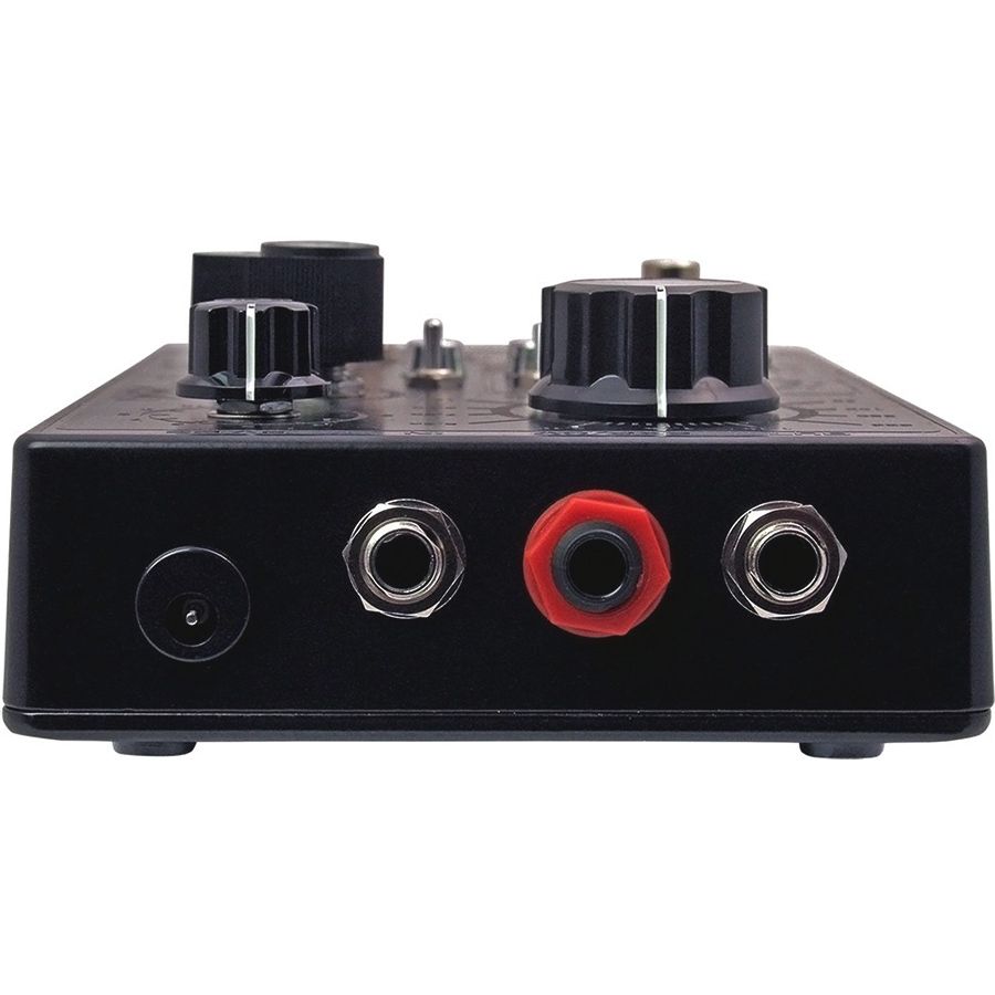 Top edge of the Death by Audio Evil Filter showing the DC socket, audio jacks and red expression and CV jack