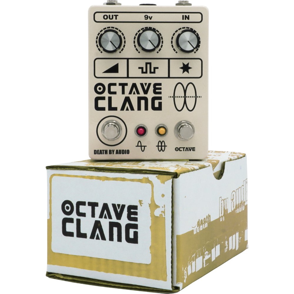 Death by Audio Octave Clang V2 pedal standing on its printed retail box