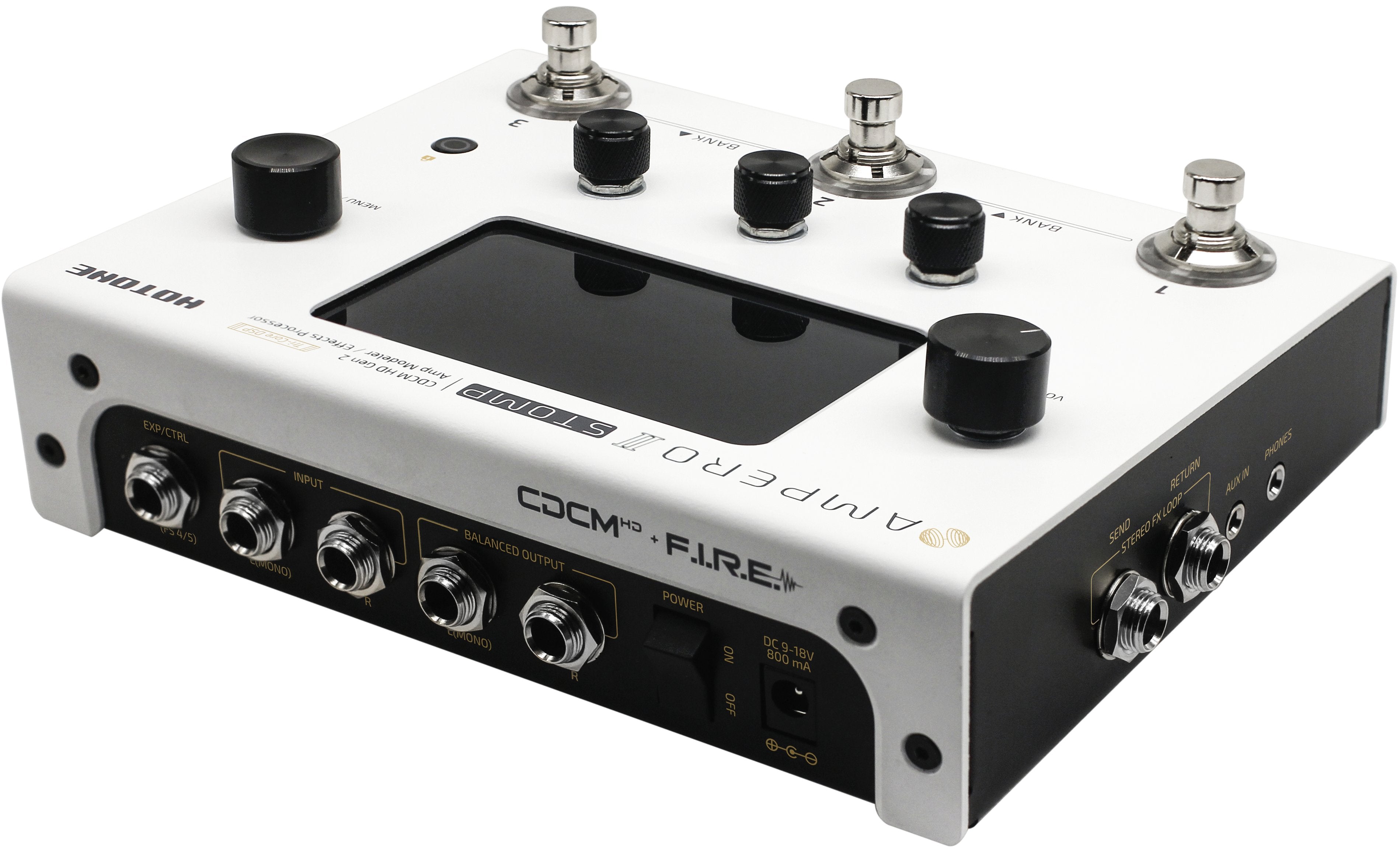 Hotone Ampero II amp modeler in white finish, angled view showing rear connector panel
