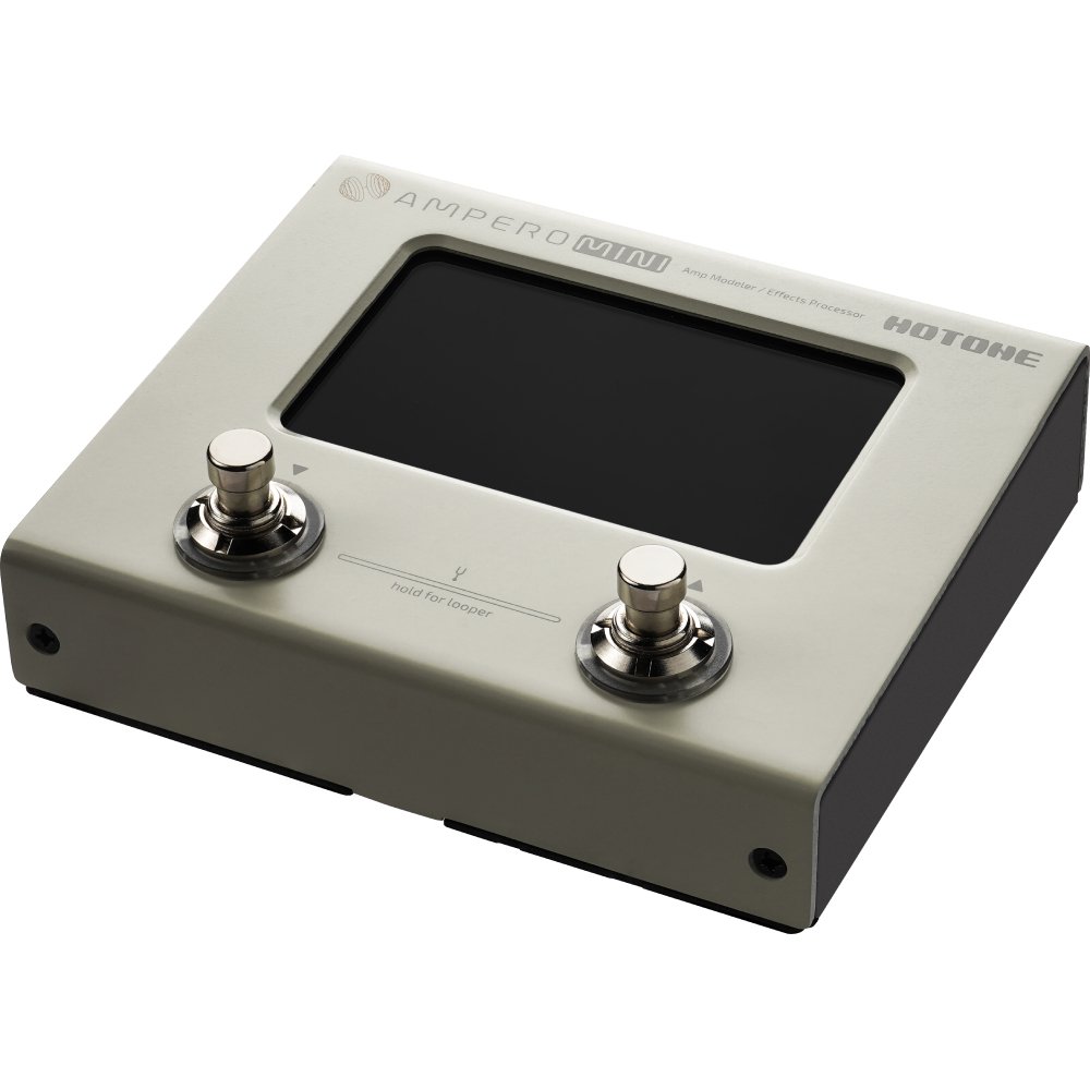 Hotone Ampero Mini amp modeler, top angled view with screen off and footswitches