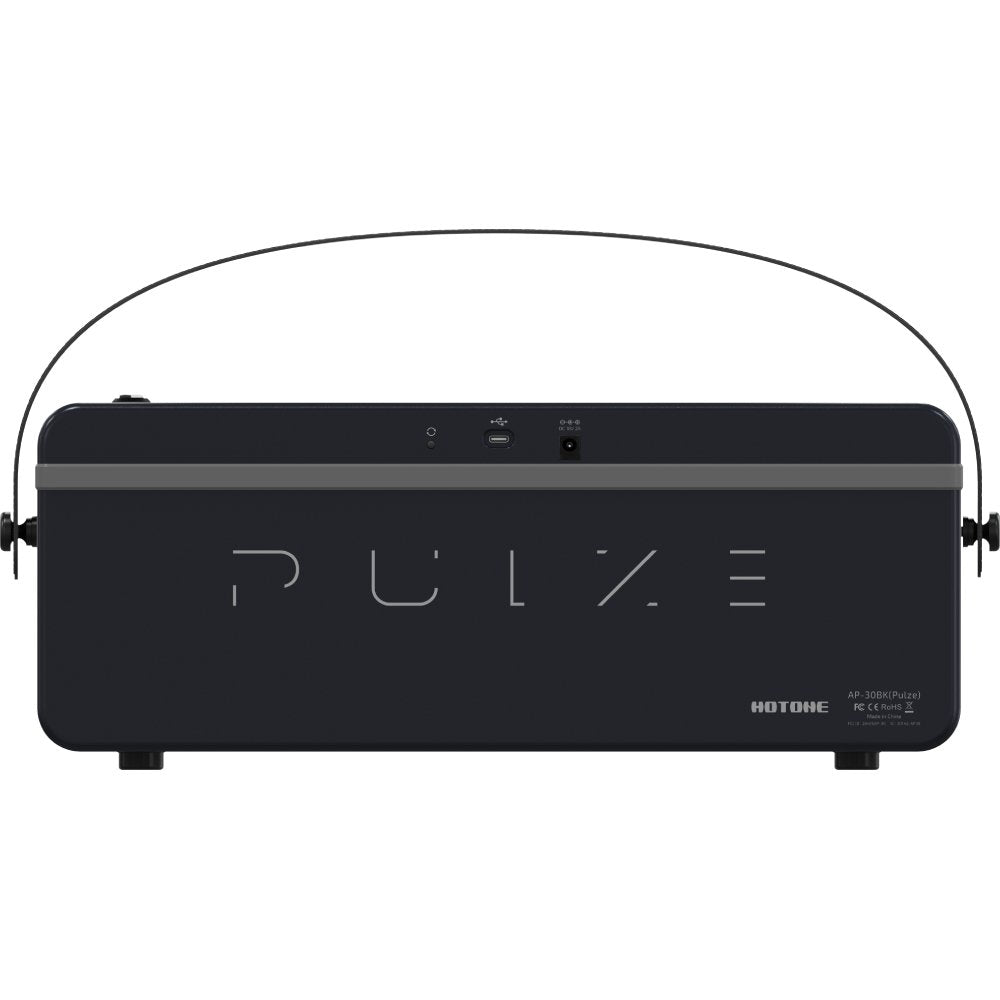 Hotone Pulze AP-30BK amplifier, front view with strap raised showing grille and logo