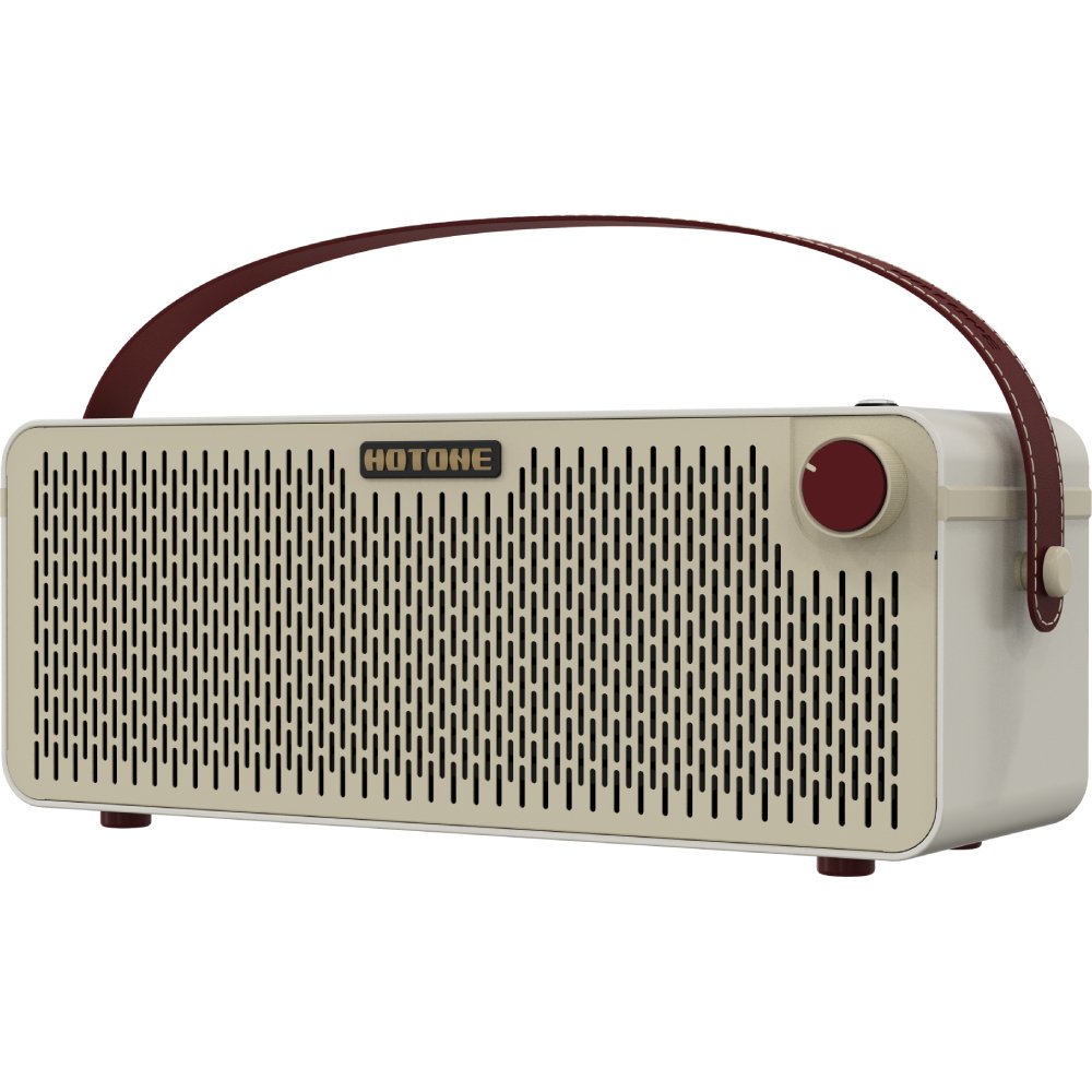 Hotone Pulze AP-30WH amplifier, front view with carry strap raised showing speaker grille