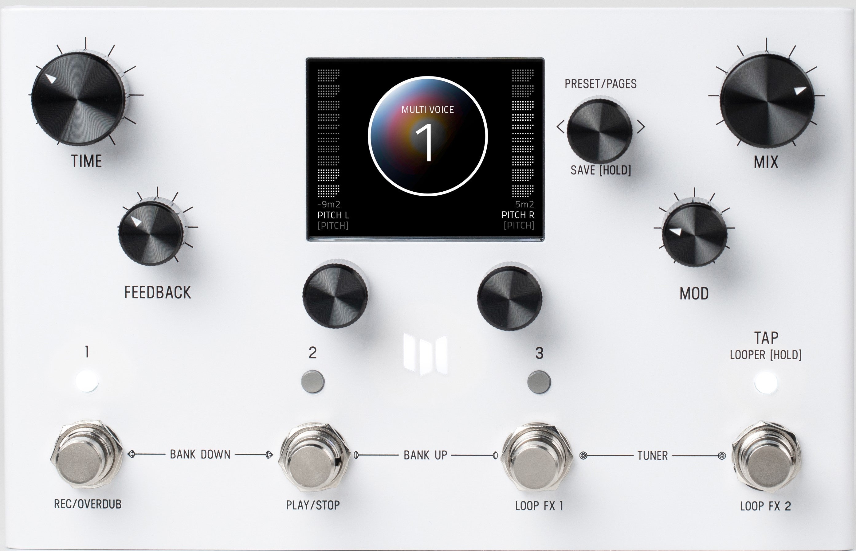 Meris LVX modular delay pedal, straight-on front view showing the color display and control knobs