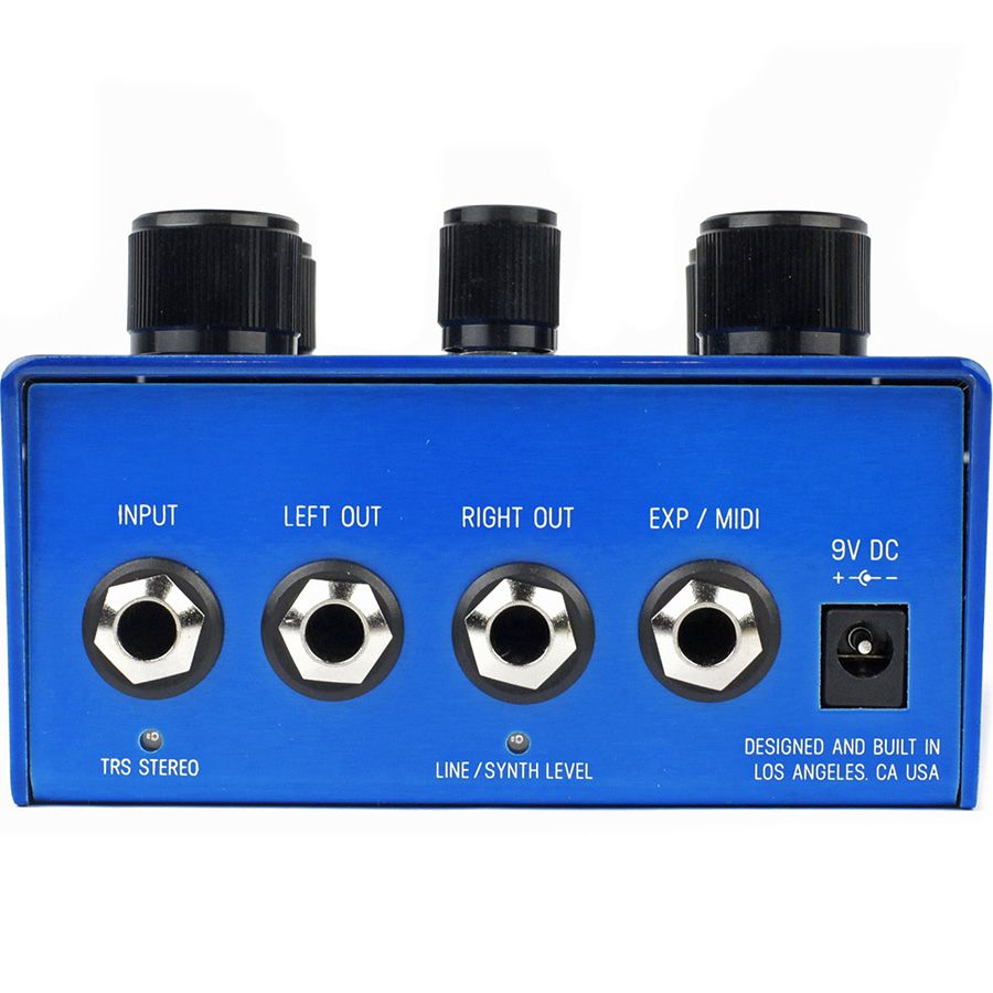 Meris Mercury7 reverb pedal rear panel showing input, stereo outputs, and expression/MIDI jack