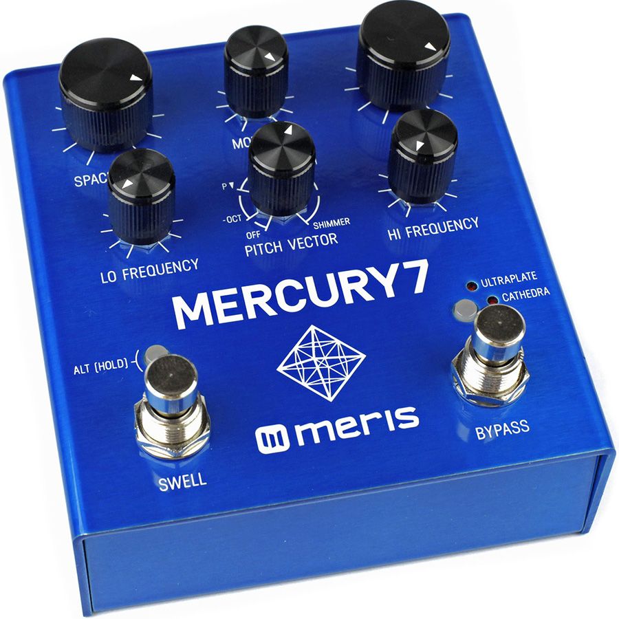 Meris Mercury7 reverb pedal in a three-quarter overhead view showing the Ultraplate and Cathedra mode LEDs