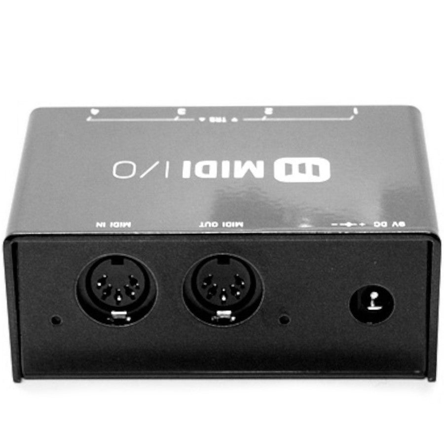Meris MIDI I/O interface rear view showing the 5-pin DIN MIDI In and MIDI Out jacks