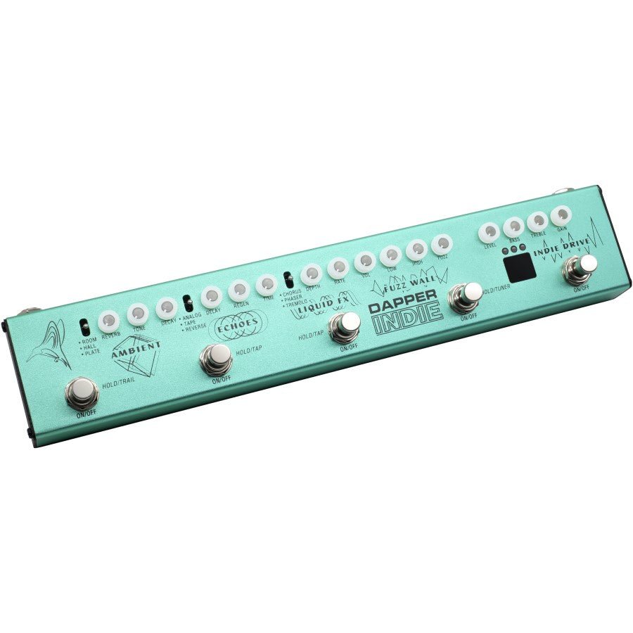 Valeton Dapper Indie strip angled top view showing full control layout and logo