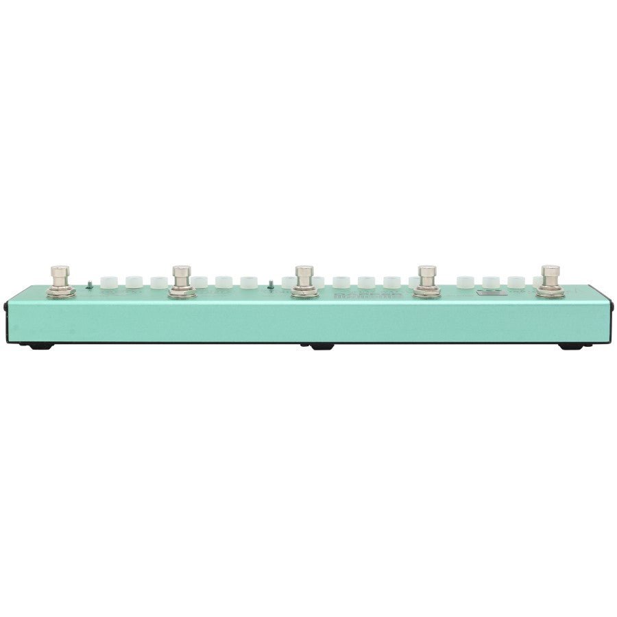 Side view of Valeton Dapper Indie effects strip showing control knobs and footswitches