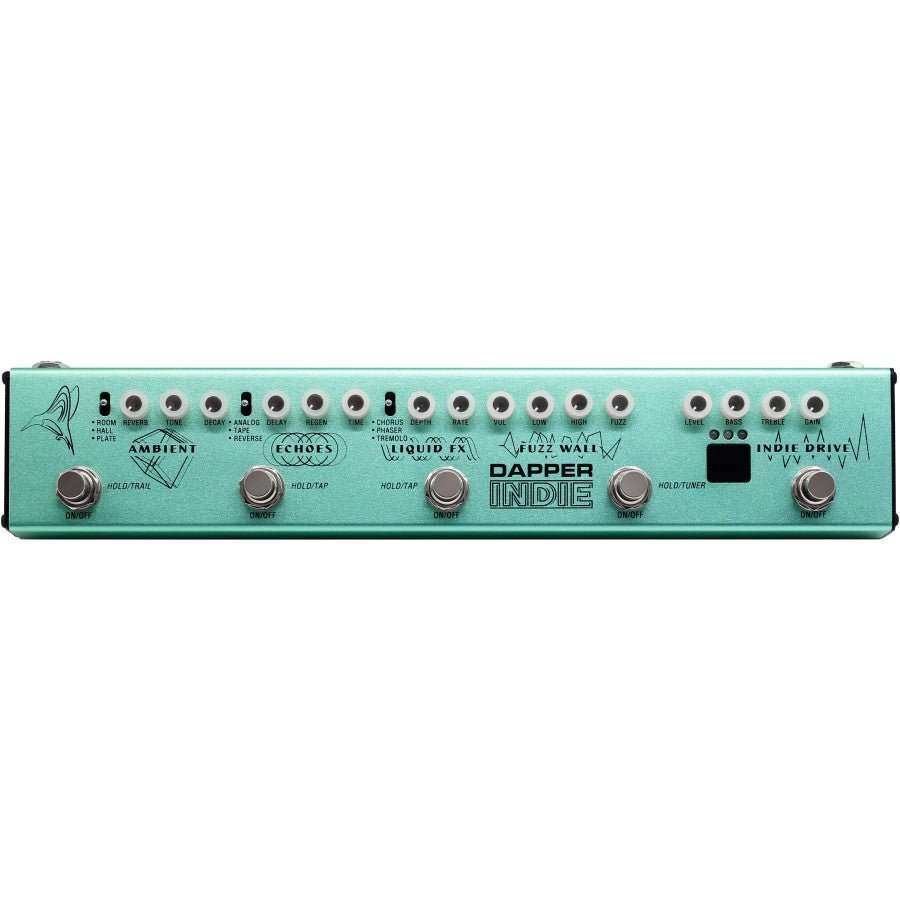 Valeton Dapper Indie mint-green effects strip, top view with Ambient, Echoes and Liquid FX controls
