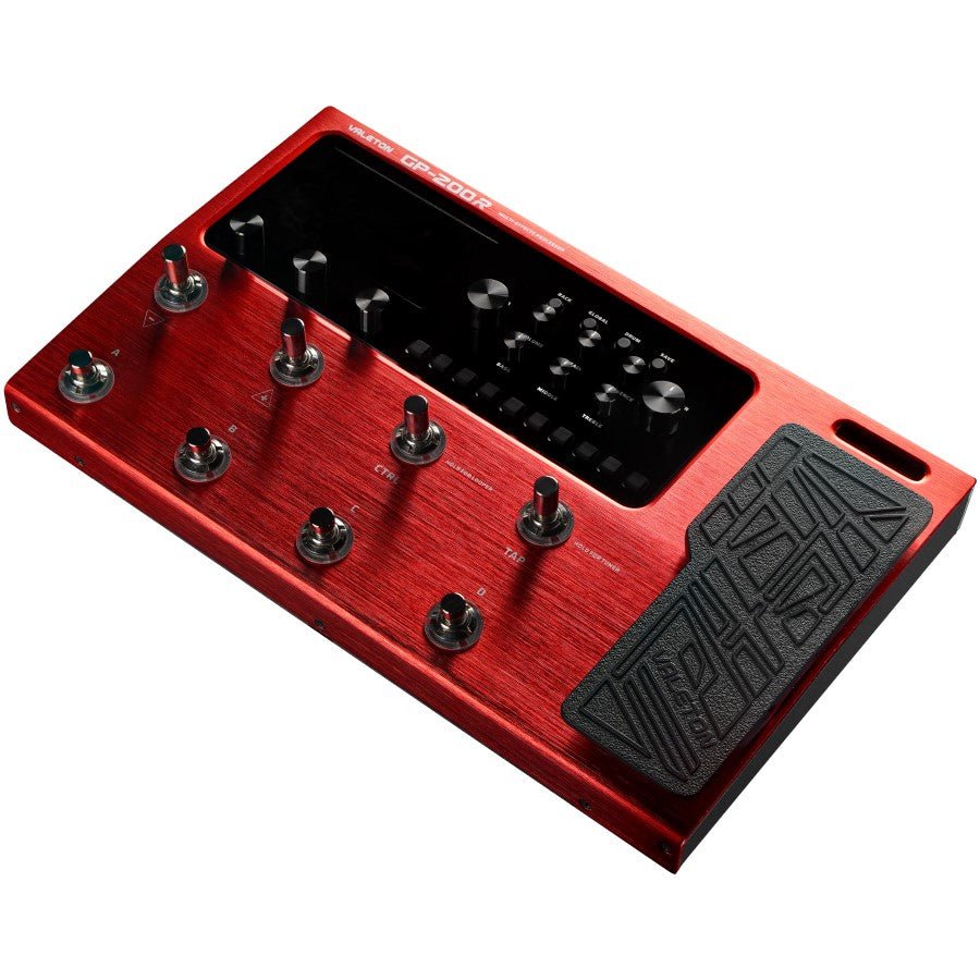 Angled three-quarter view of the red GP-200R showing footswitches, control knobs and expression pedal, display panel dimmed