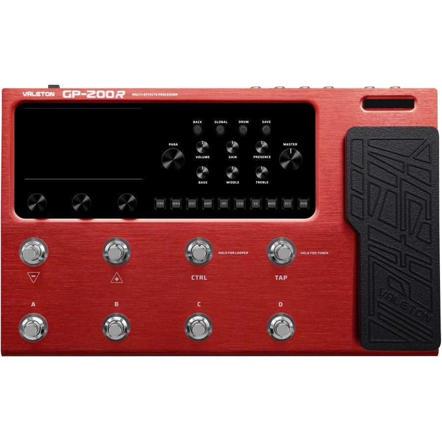 Valeton GP-200R red processor top view with a dimmed/blank display, showing control knobs, four footswitches and expression pedal