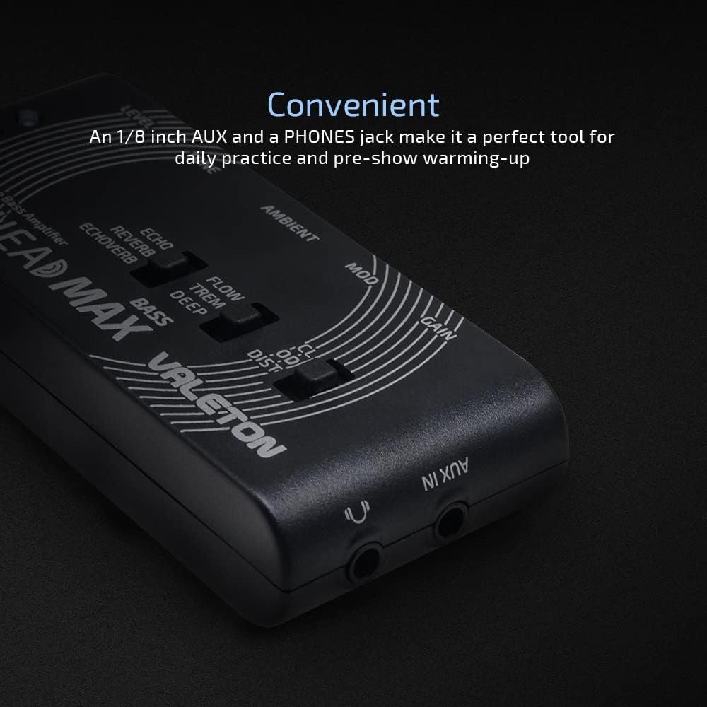 Infographic showing Valeton Rushead Max Bass AUX IN and headphone jack