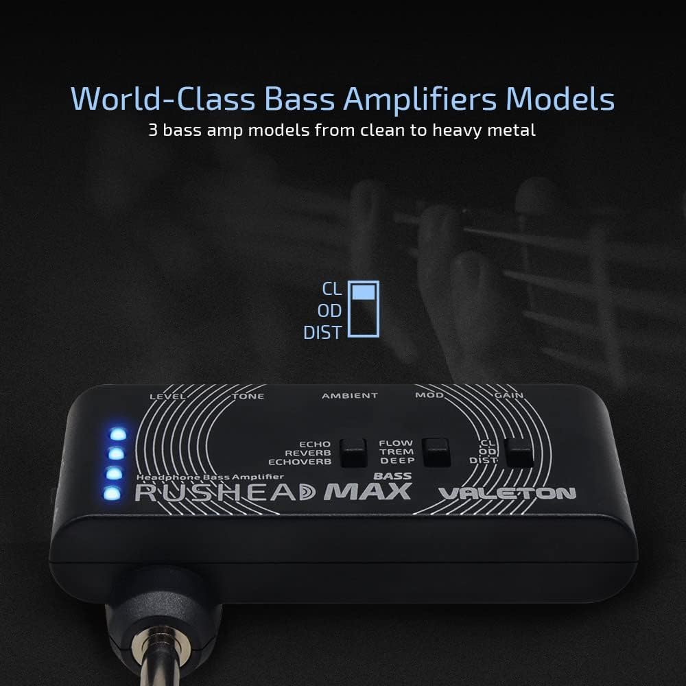 Infographic showing Valeton Rushead Max Bass with 3 selectable bass amp models