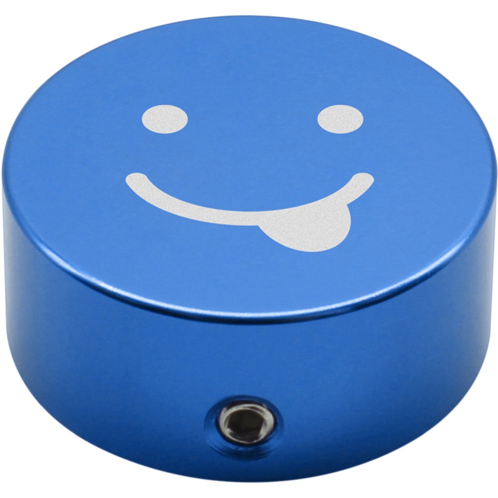 Blue Valeton footswitch cap with tongue-out smiley emoji design