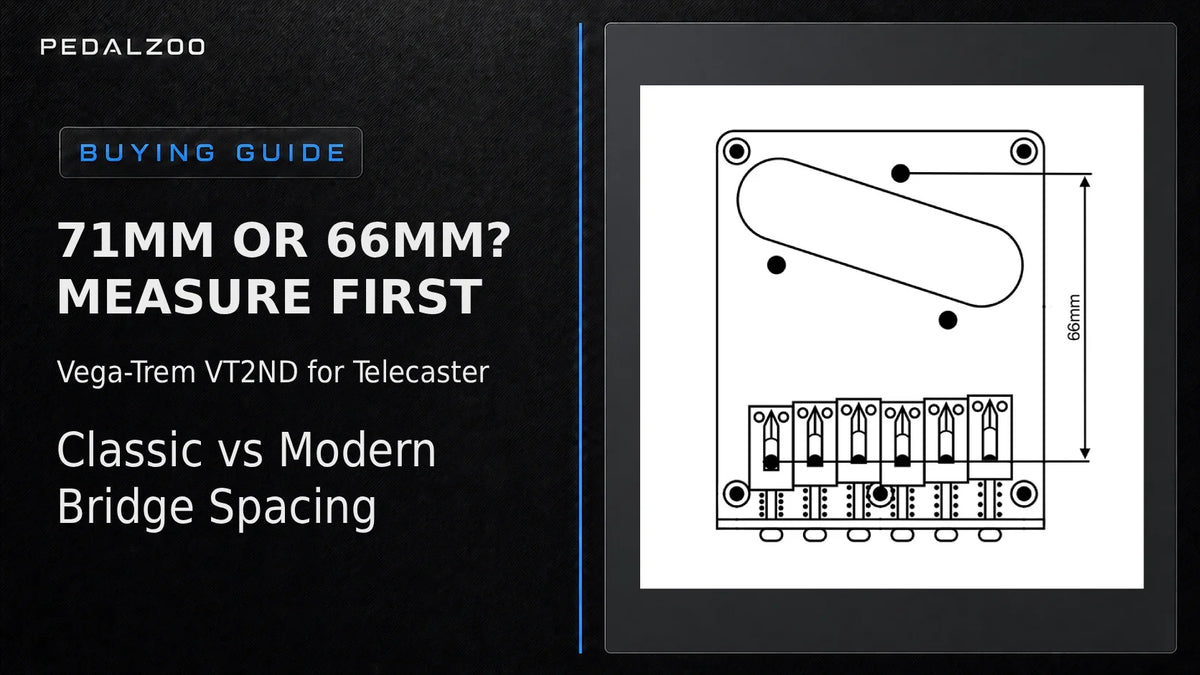 Pedalzoo Buying Guide banner: "71mm or 66mm? Measure first" showing a Telecaster bridge diagram for Vega-Trem VT2ND Classic vs Modern spacing.