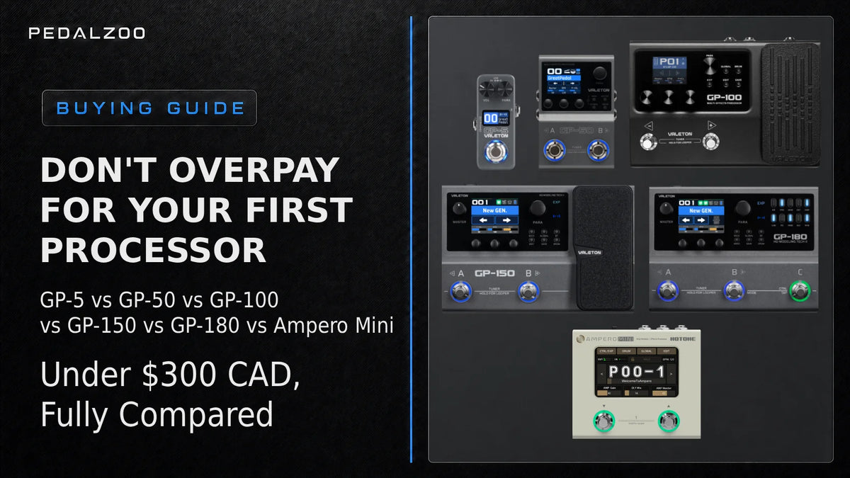 Pedalzoo Buying Guide banner: "Don't overpay for your first processor" comparing Valeton GP-5, GP-50, GP-100, GP-150, GP-180, and Hotone Ampero Mini multi-effects processors under $300 CAD.