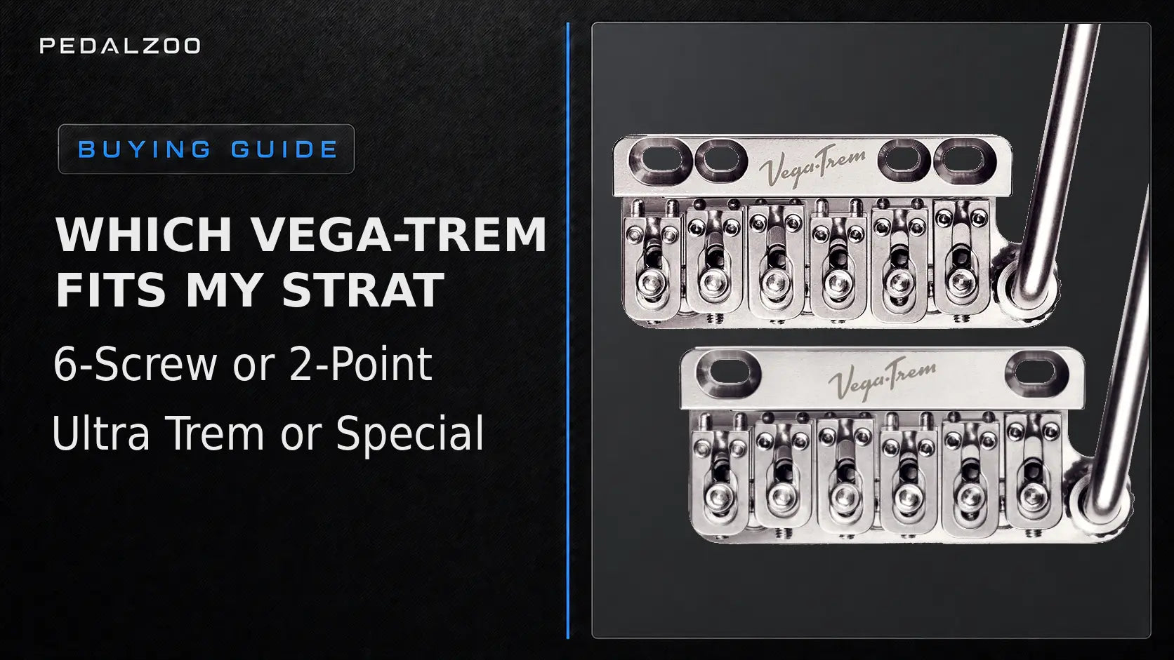 Vega-Trem VT1 buying guide cover comparing 6-Screw and 2-Point mounting with Ultra Trem and Special bridge models