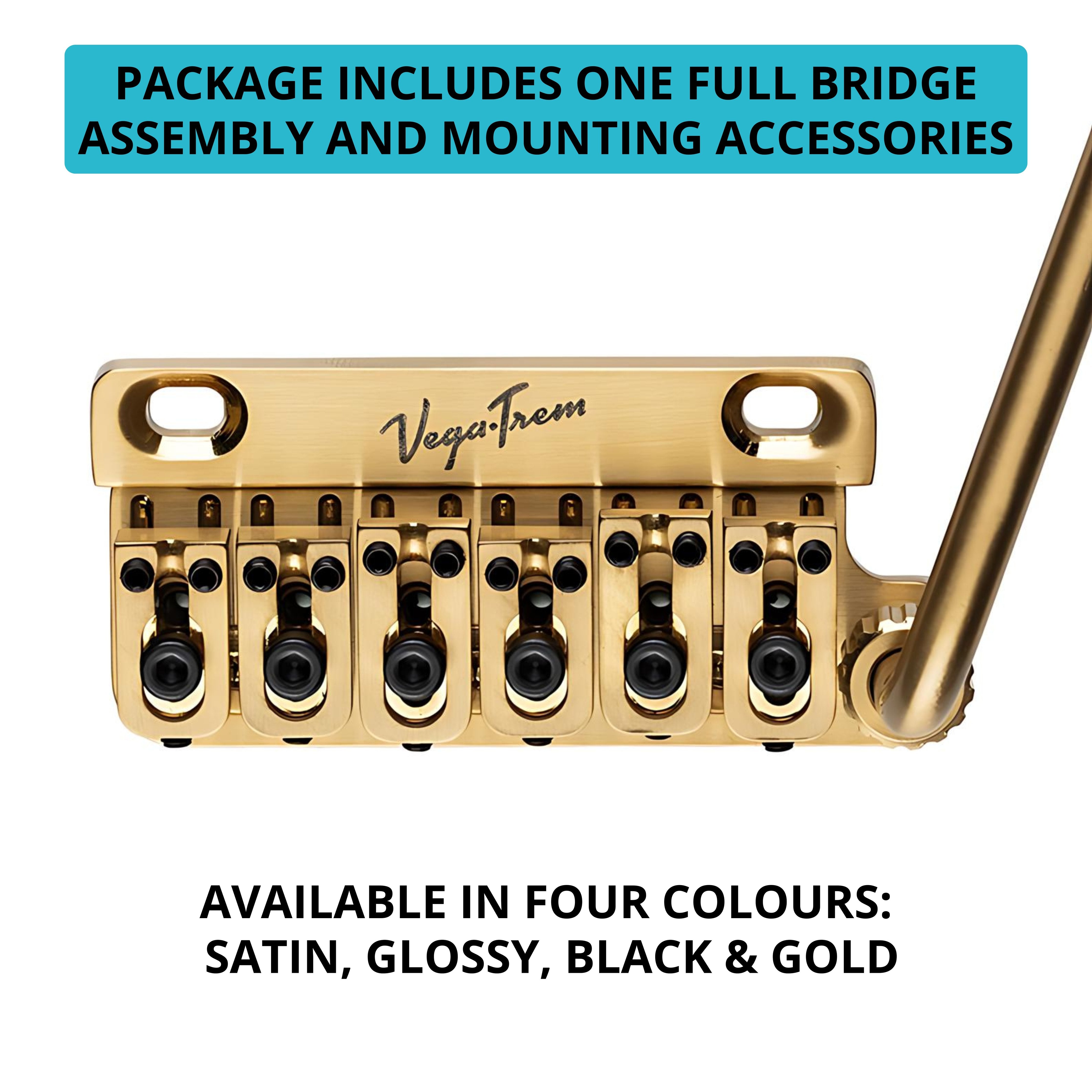 Vega-Trem VT1 Ultra-Trem gold bridge infographic showing package includes one full bridge assembly and mounting accessories