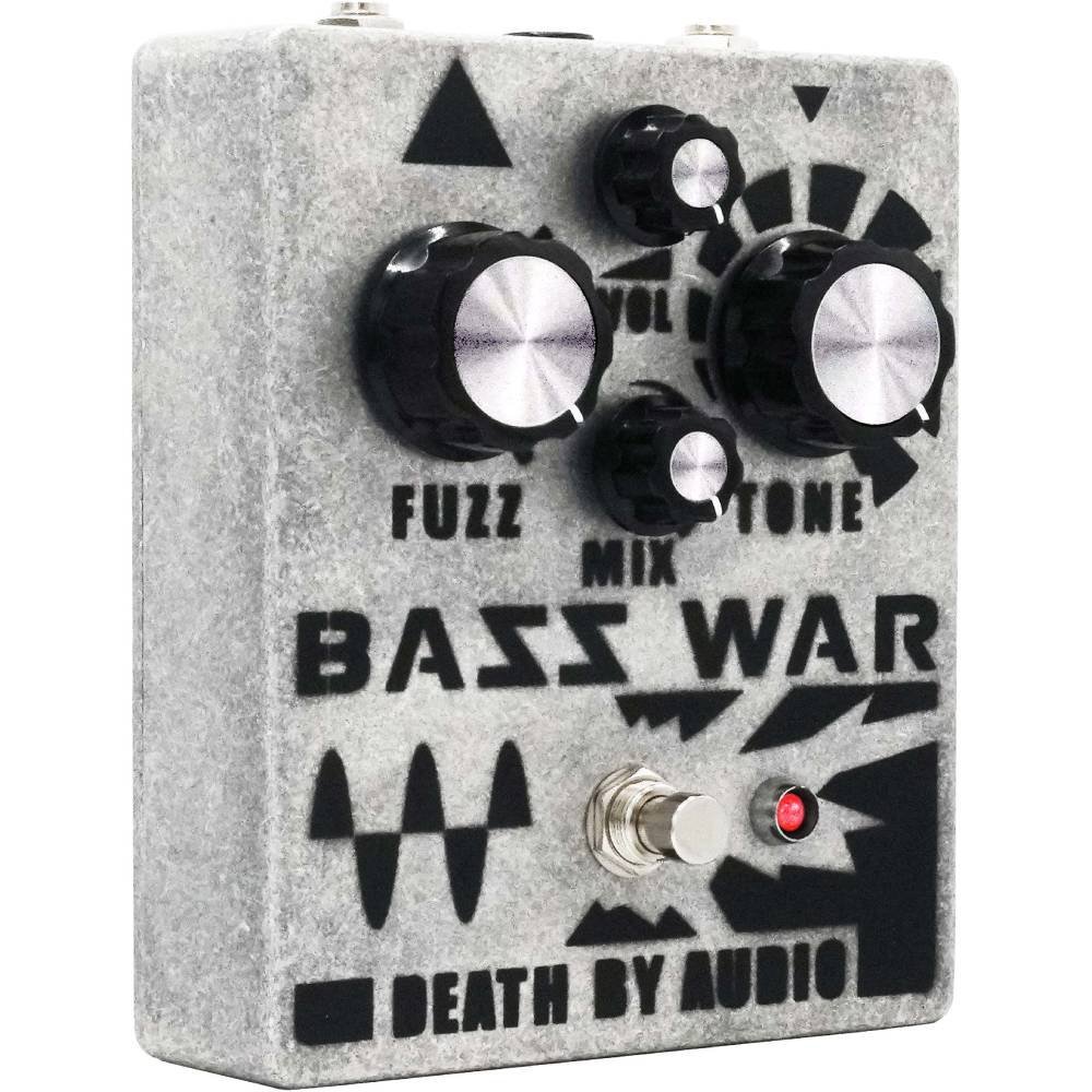 Death by Audio Bass War pedal from the front right, showing the four control knobs and silver bypass footswitch