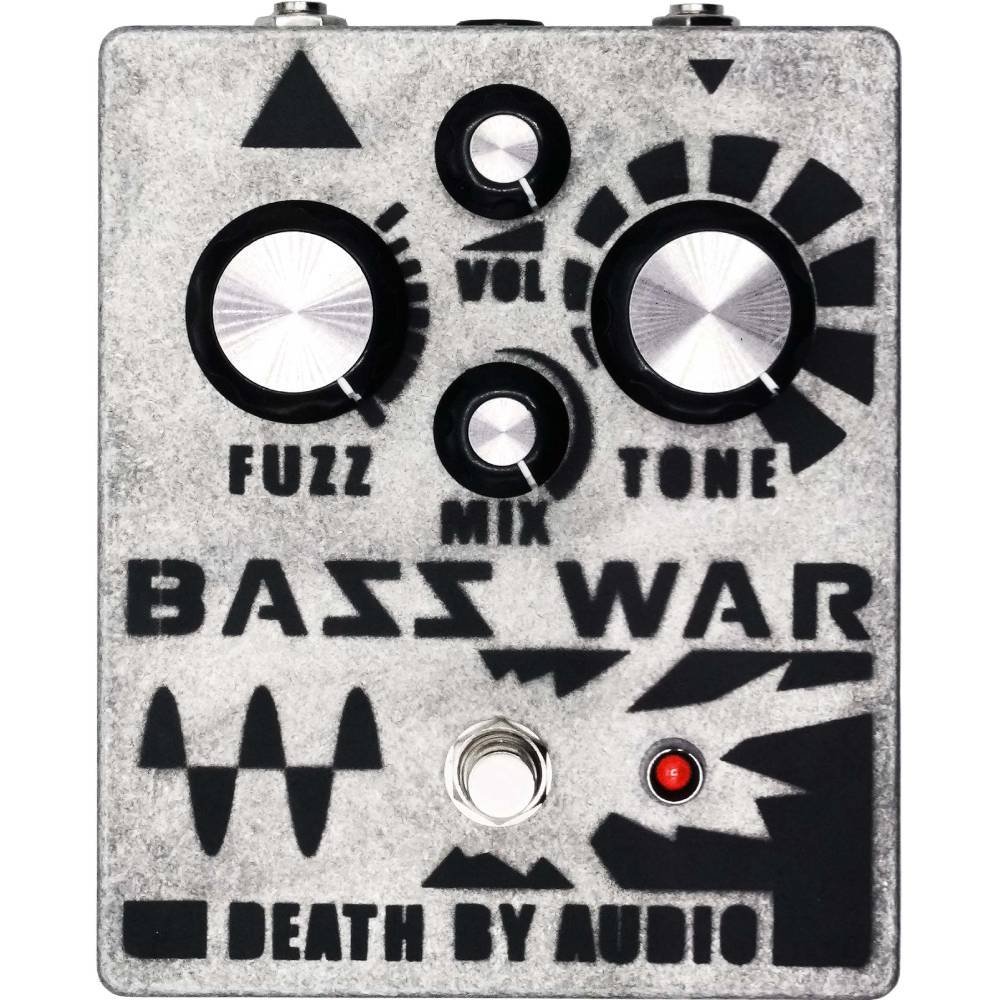 Death by Audio Bass War fuzz pedal, top view of the silver enclosure with FUZZ, VOL, MIX and TONE knobs and lightning artwork