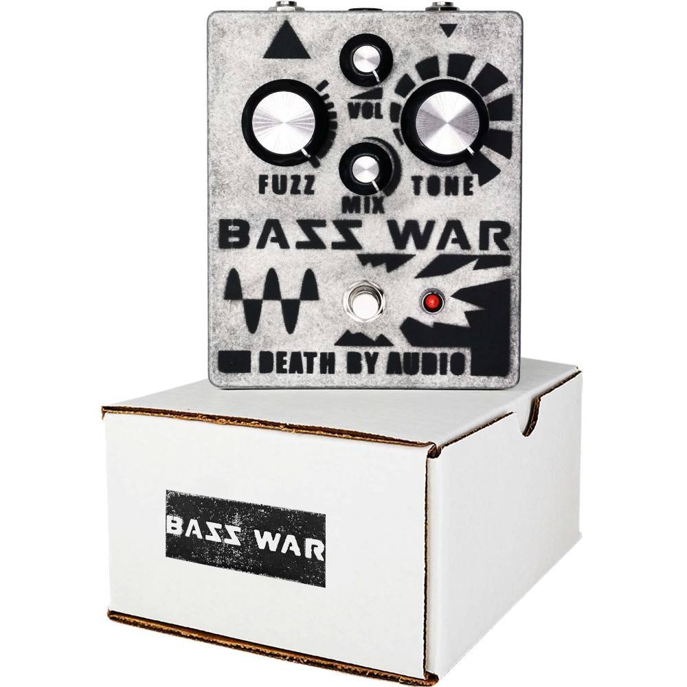 Death by Audio Bass War pedal standing on its white BASS WAR shipping box