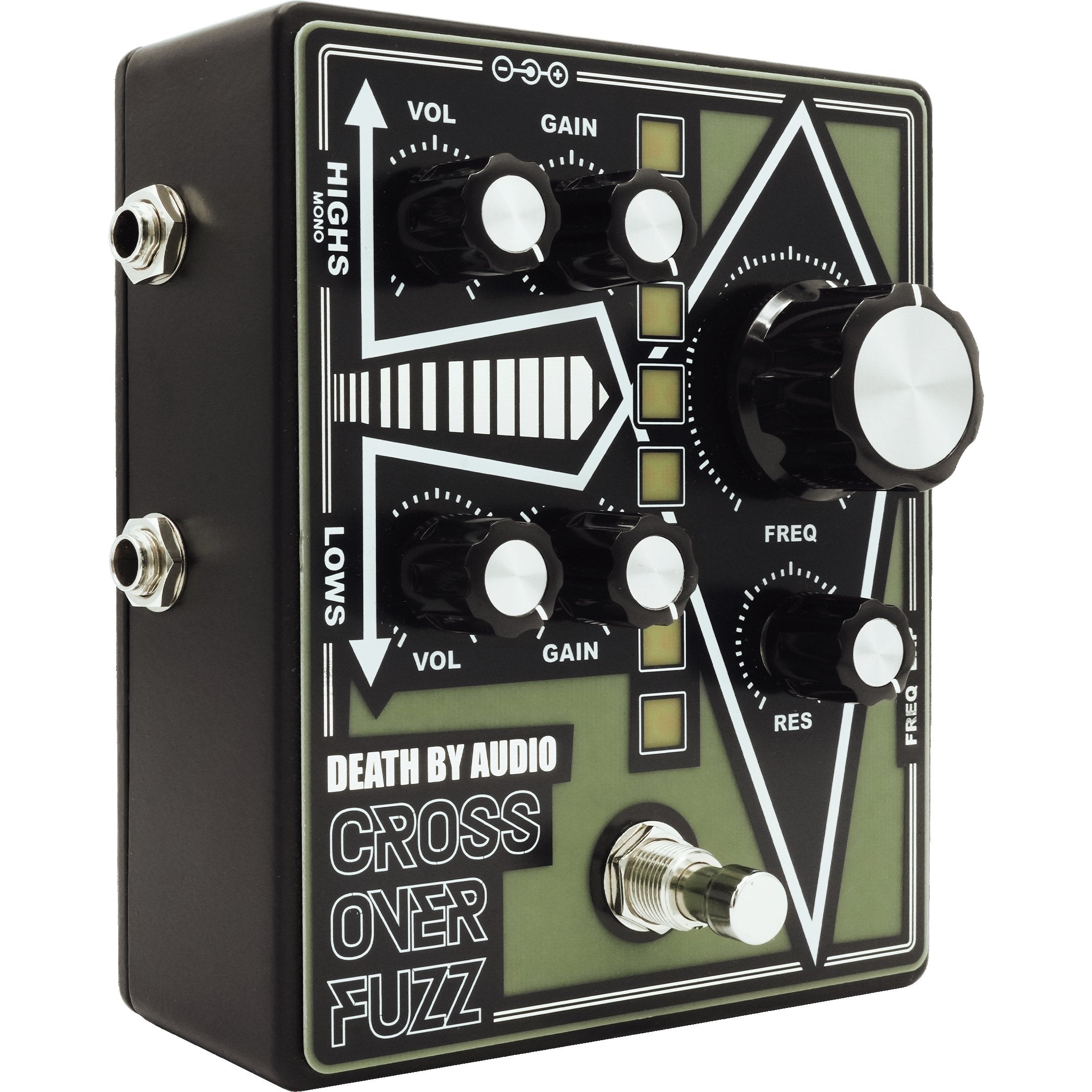 Death by Audio Crossover Fuzz pedal from the front left, showing the two output jacks on the enclosure side