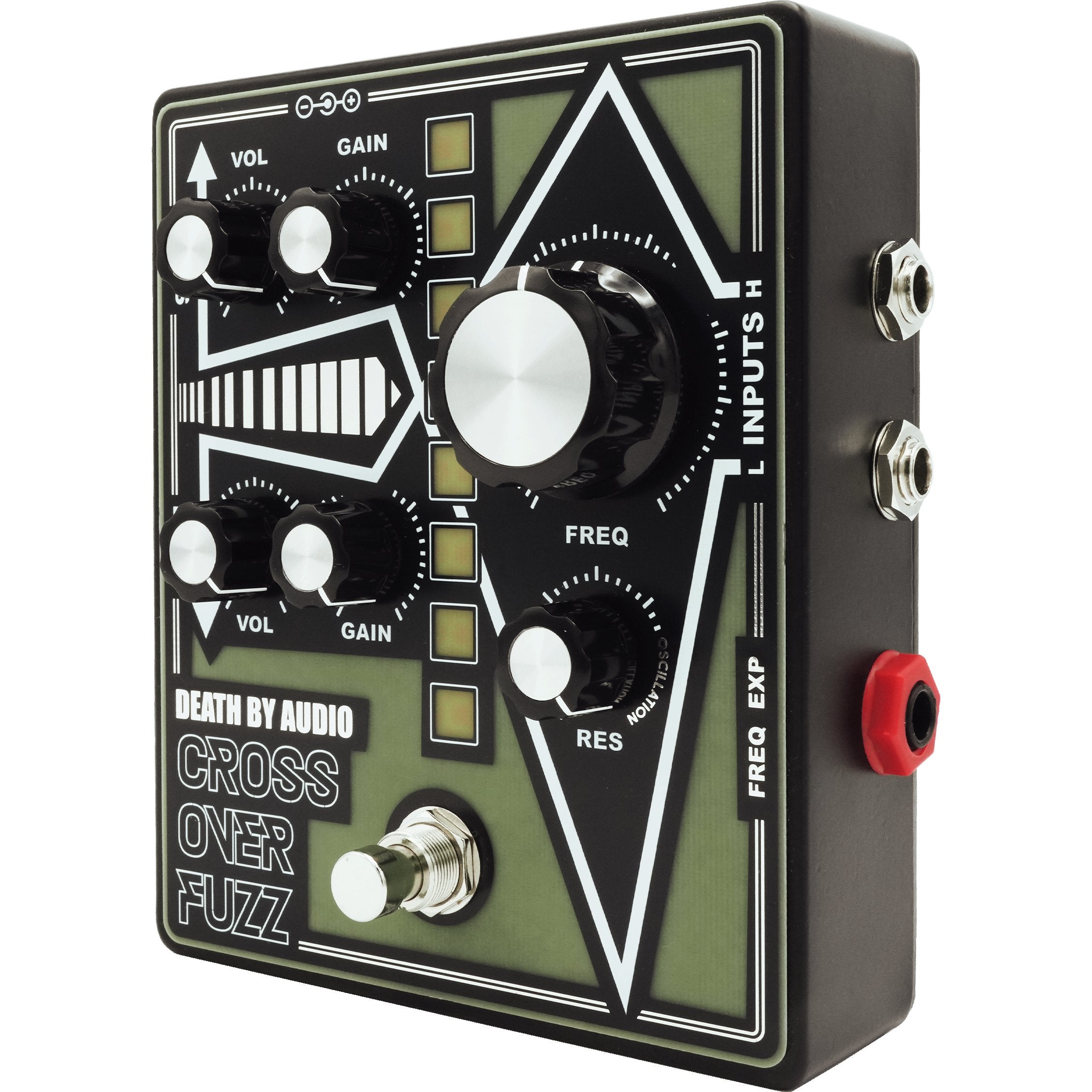 Death by Audio Crossover Fuzz pedal from the front right with the H and L input jacks and the red expression jack
