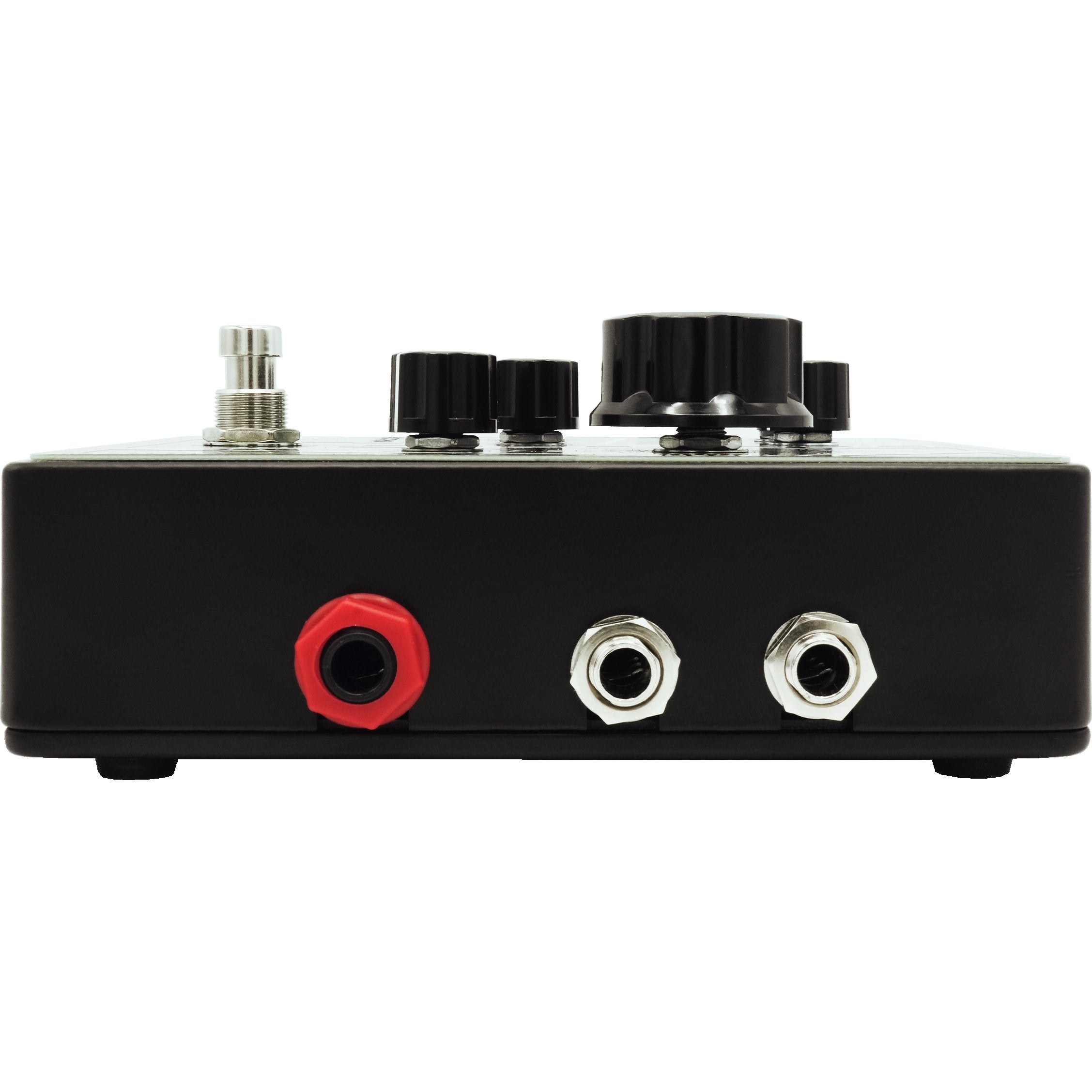 Side view of the Death by Audio Crossover Fuzz showing the red expression jack beside the two input jacks