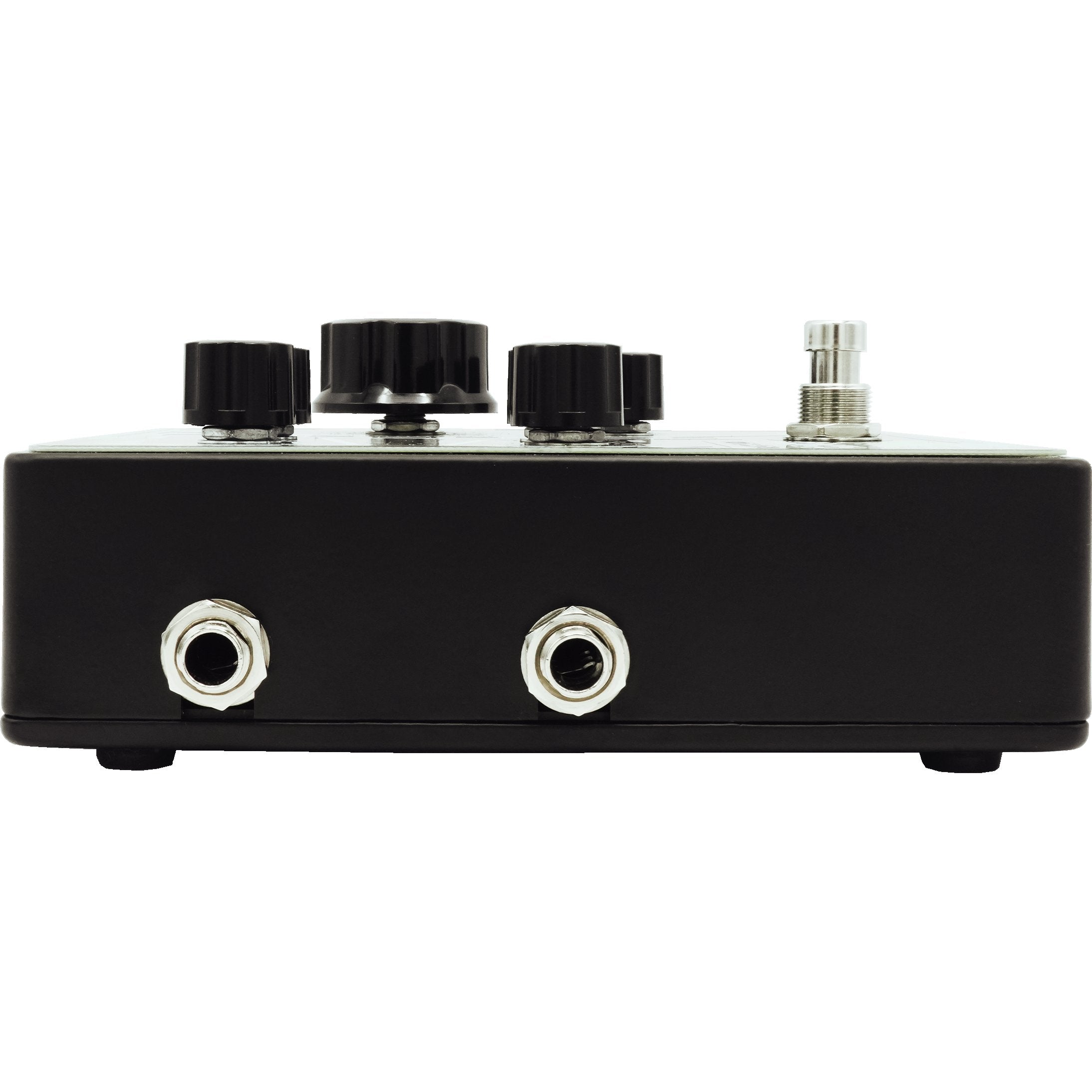 Side view of the Death by Audio Crossover Fuzz enclosure showing the pair of quarter inch output jacks