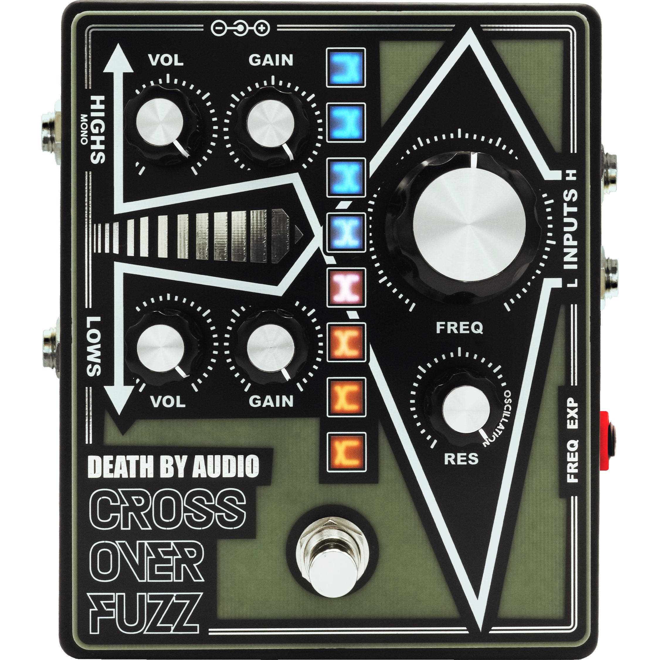 Death by Audio Crossover Fuzz pedal, top view of the olive green and black enclosure with HIGHS and LOWS VOL and GAIN knobs, LED ladder and large FREQ knob