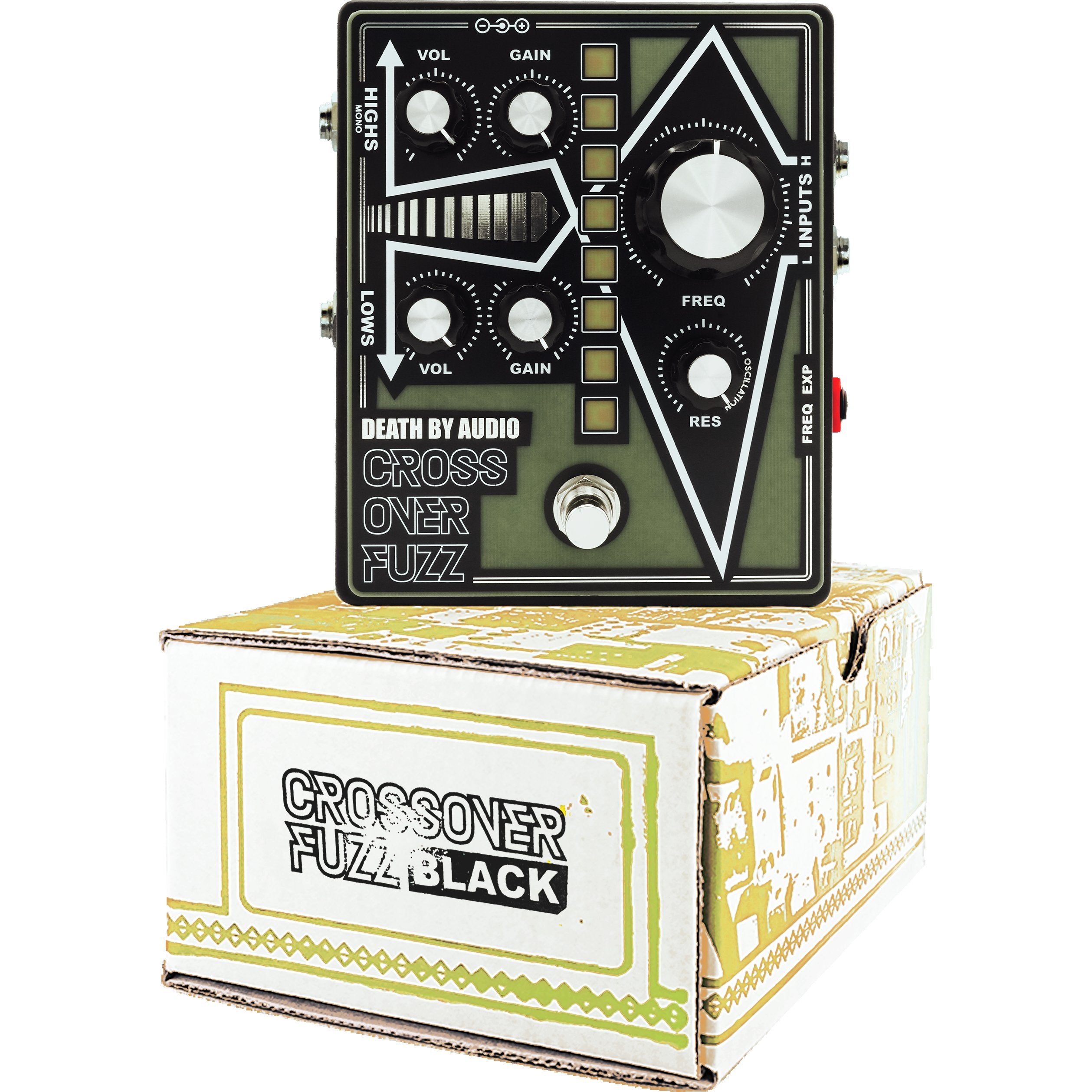Death by Audio Crossover Fuzz pedal standing on its printed CROSSOVER FUZZ BLACK retail box