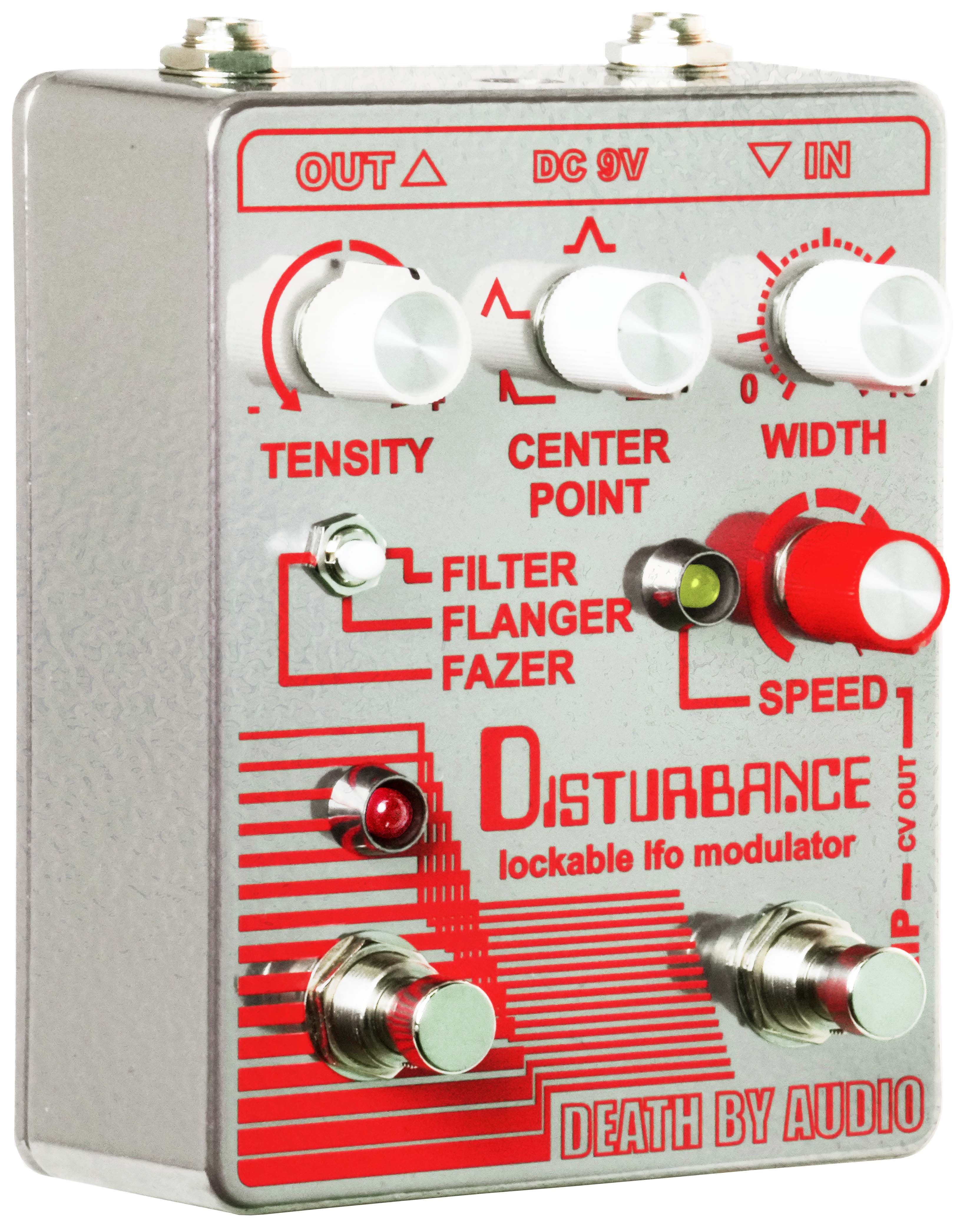 Death by Audio Disturbance pedal from the front right, showing the red CV output jack on the enclosure side and both footswitches